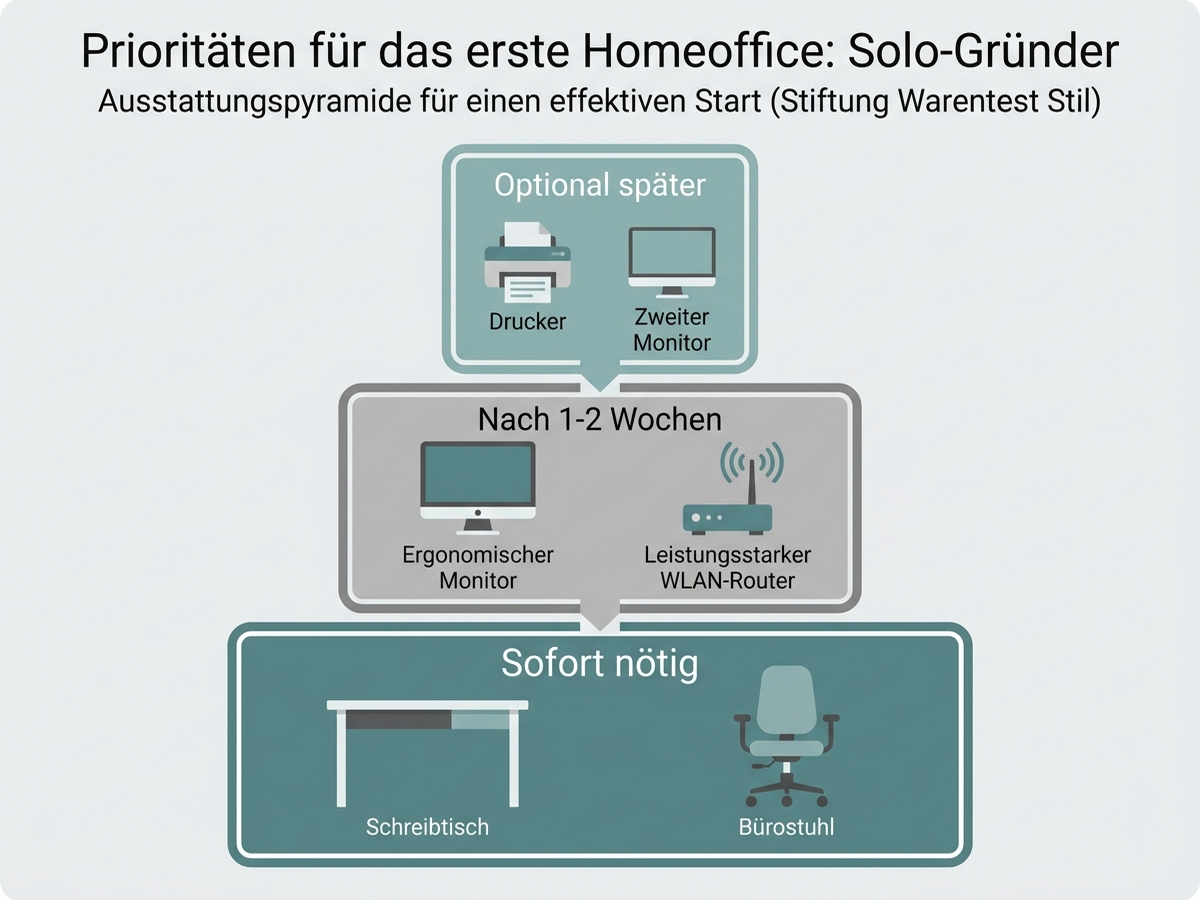 Infografik: Prioritätspyramide mit drei Stufen für die erste Büroausstattung von Solo-Gründer:innen – sofort nötig, nach ein bis zwei Wochen, optional später