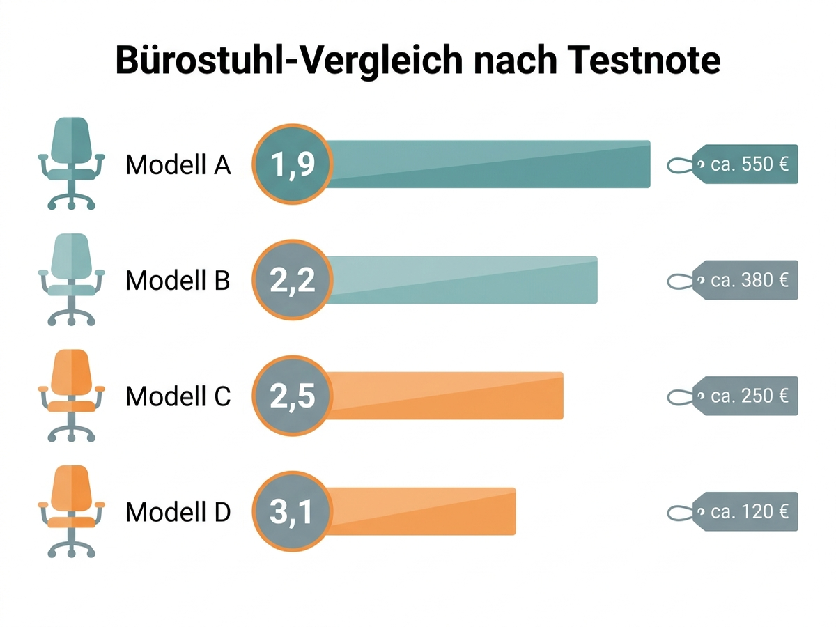 Infografik: Bürostuhl-Vergleich mit Testnoten und Preisen für vier Modellklassen
