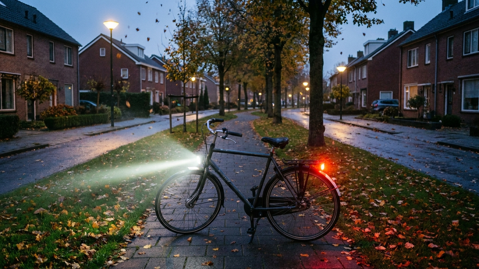 Fahrrad mit beleuchtetem Frontlicht und Rücklicht in der Abenddämmerung auf einem Radweg