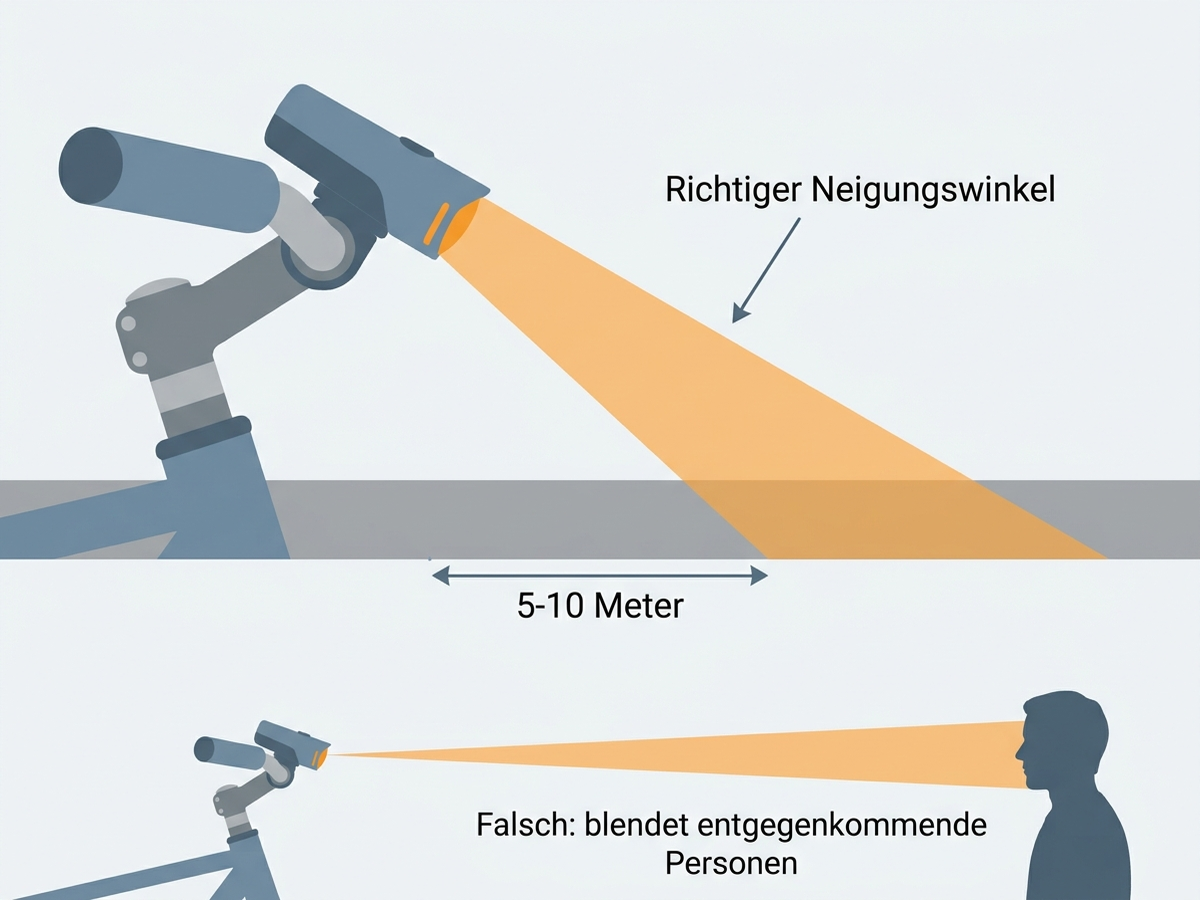 Diagramm: Korrekte Montagehöhe und Neigungswinkel für Fahrradfrontlicht zur Vermeidung von Blendung