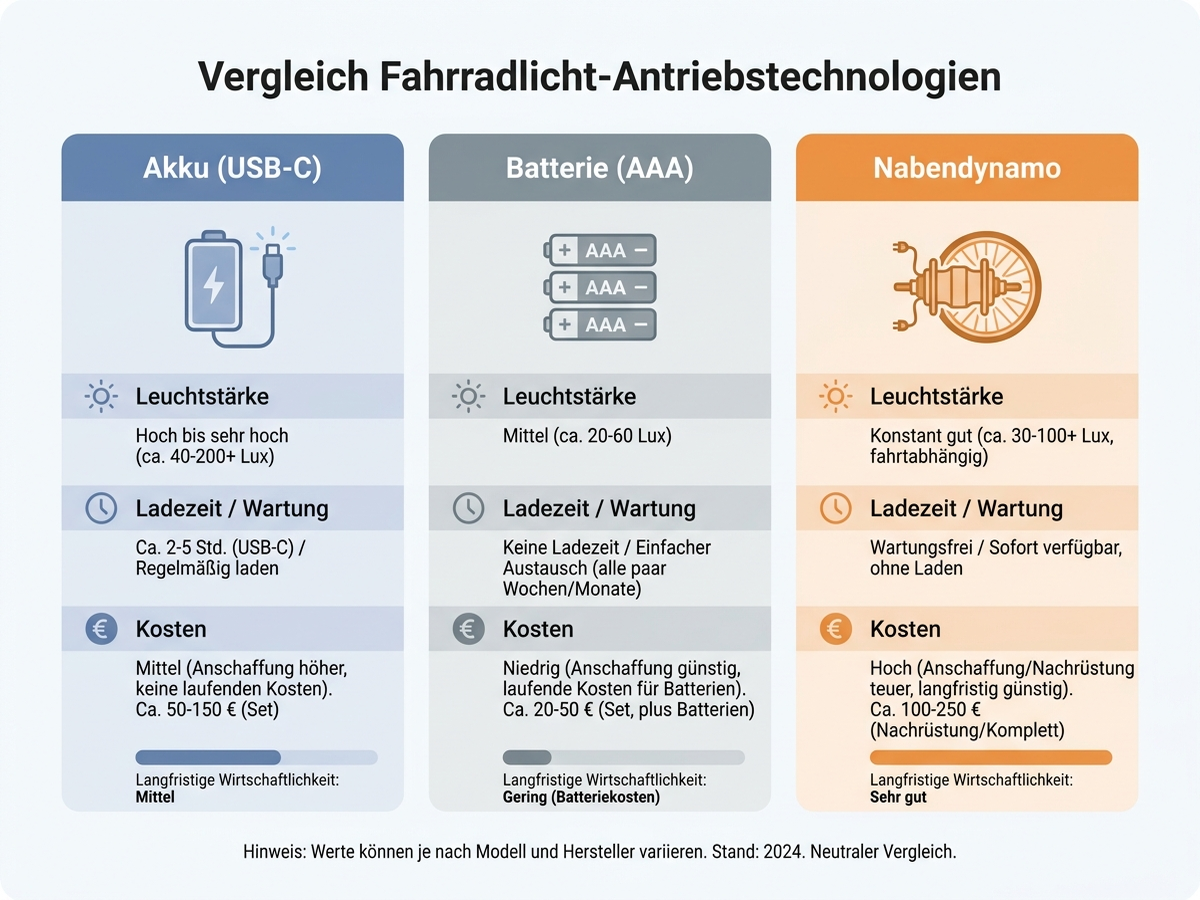 Infografik: Vergleich von Akku-, Batterie- und Nabendynamo-Fahrradbeleuchtung nach Lux, Ladezeit und Kosten