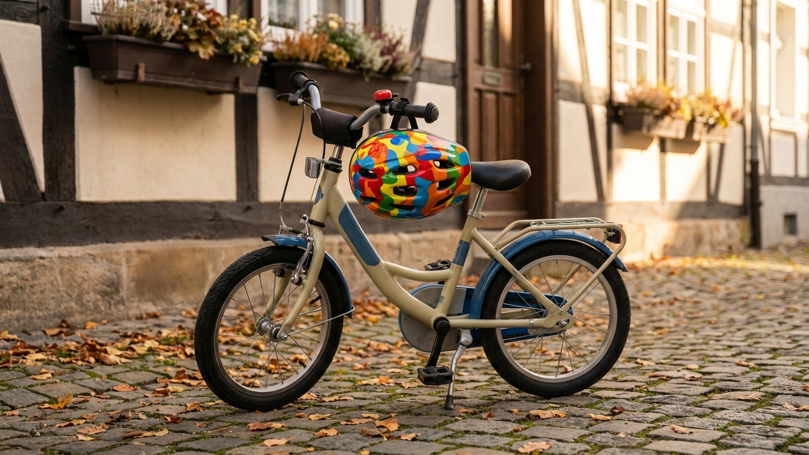 Kinderfahrrad mit Helm am Lenker vor einem europäischen Wohnhaus, Morgenlicht