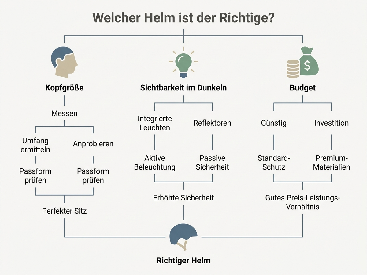 Entscheidungsbaum: Fahrradhelm-Auswahl nach Kopfgröße, Sichtbarkeit und Budget für den Schulweg, deutsche Beschriftung