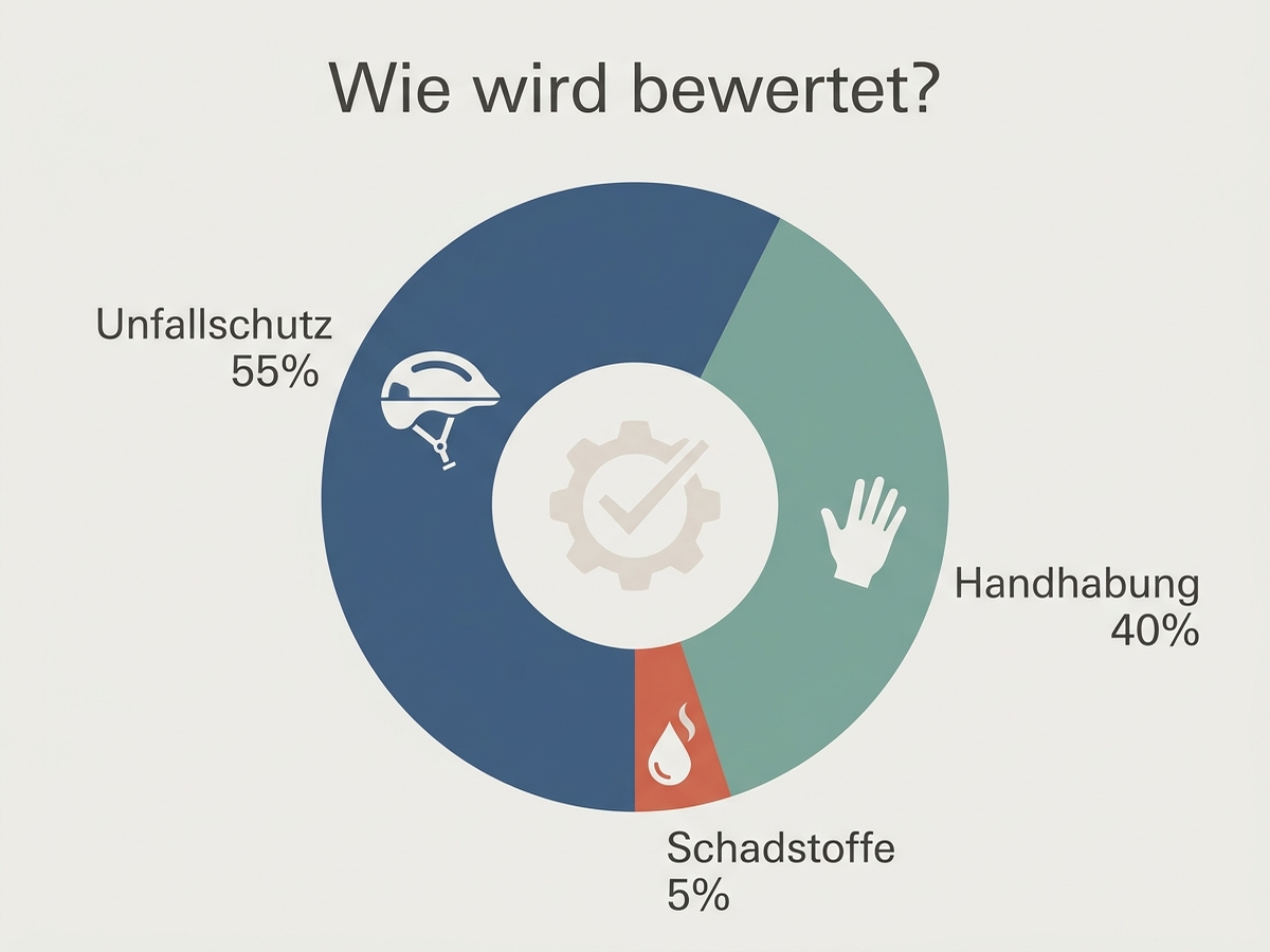Infografik: Bewertungskriterien des ADAC/Stiftung-Warentest-Vergleichs mit Gewichtung Unfallschutz 55 Prozent, Handhabung 40 Prozent, Schadstoffe 5 Prozent, deutsche Beschriftung