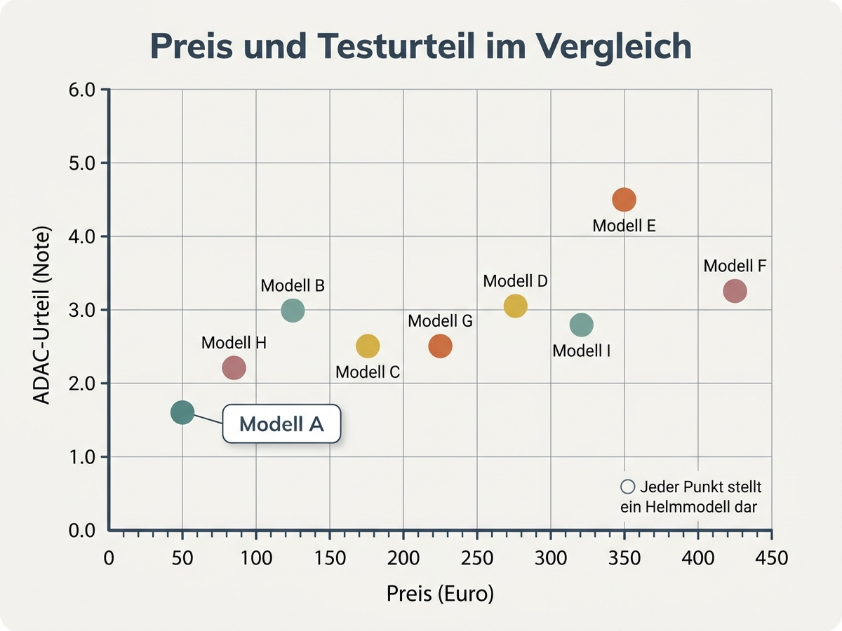 Infografik: Vergleich von Preis und ADAC-Urteil ausgewählter Kinderfahrradhelme, deutsche Beschriftung