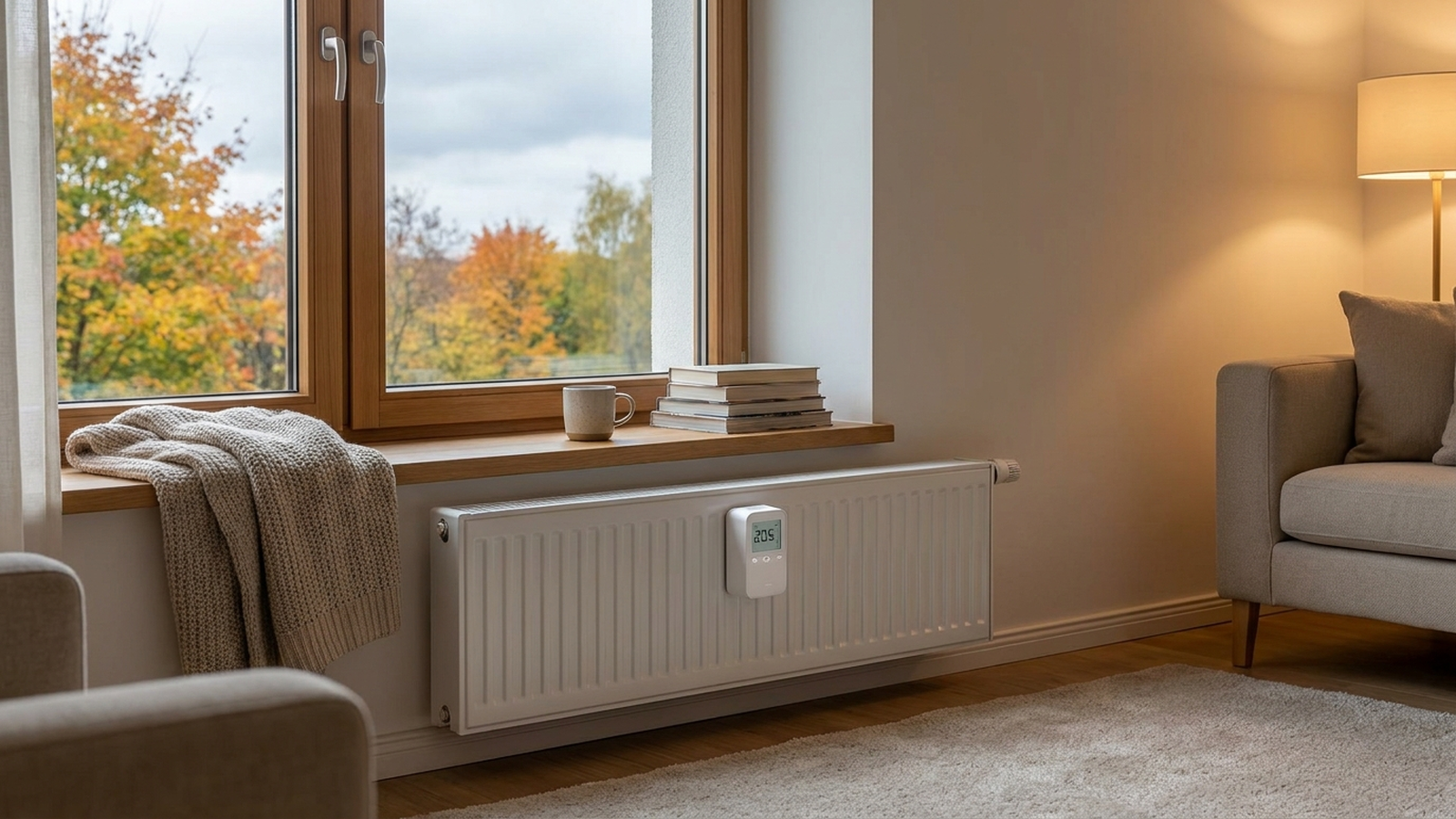 Heizkörper mit smartem Thermostat im herbstlichen Wohnzimmer