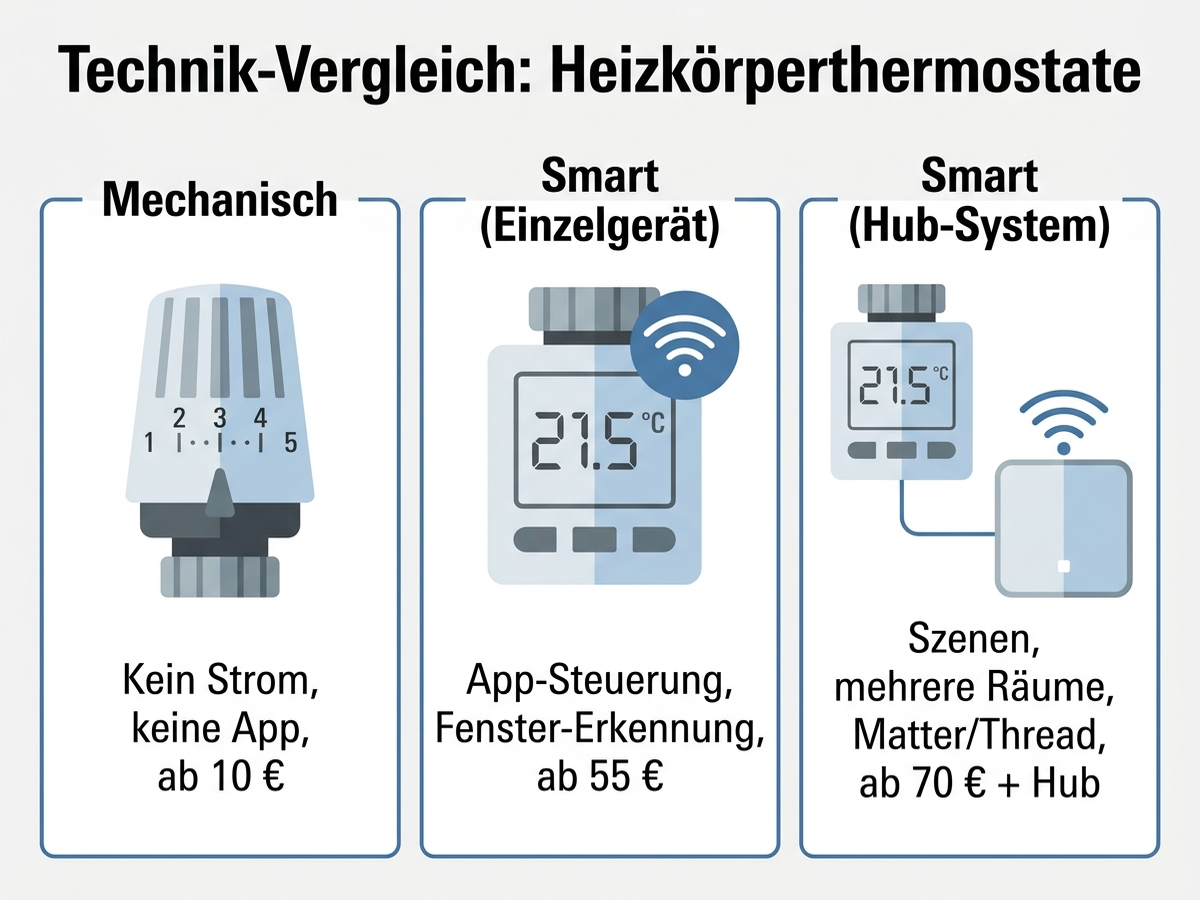 Technik-Vergleich: mechanische, smarte Einzelgeräte und Hub-Systeme bei Heizkörperthermostaten