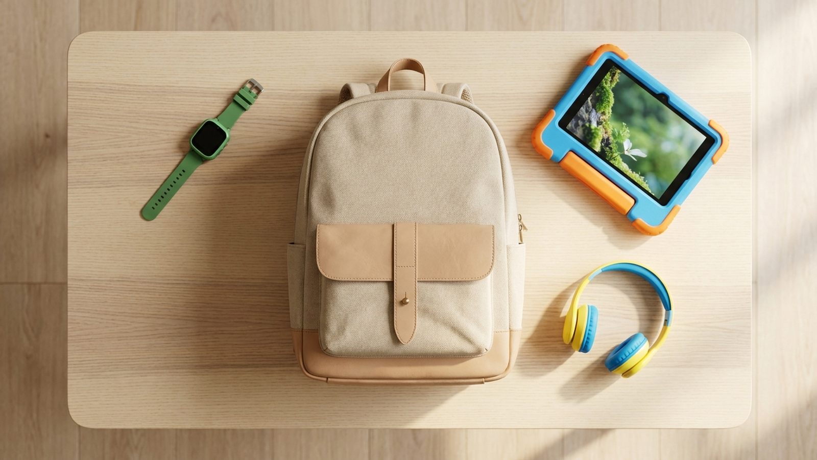 Schulranzen und Kinder-Elektronik ordentlich auf einem Tisch arrangiert vor Schulstart
