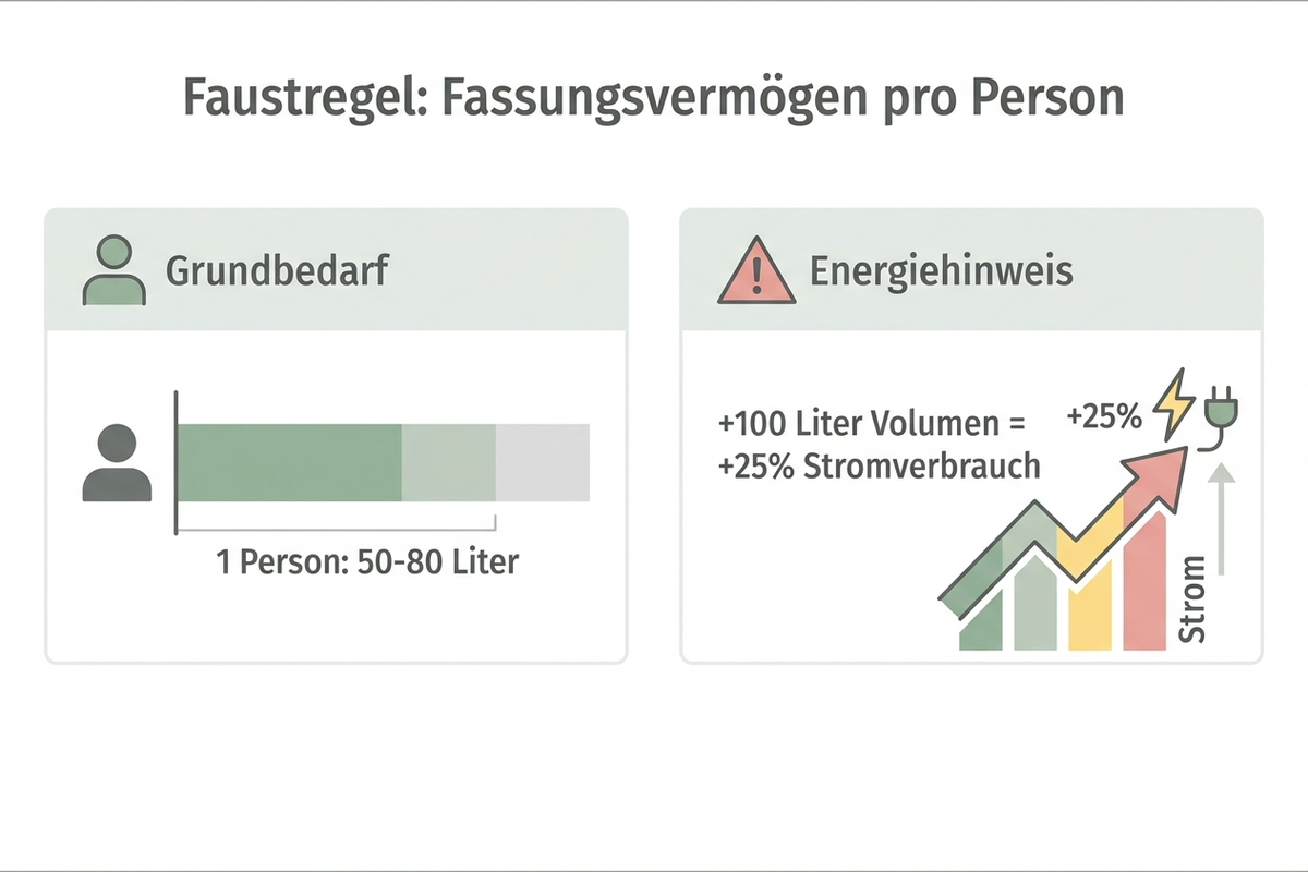 Infografik: Faustregel Fassungsvermögen pro Person und Stromverbrauch bei steigendem Volumen, deutsche Beschriftung