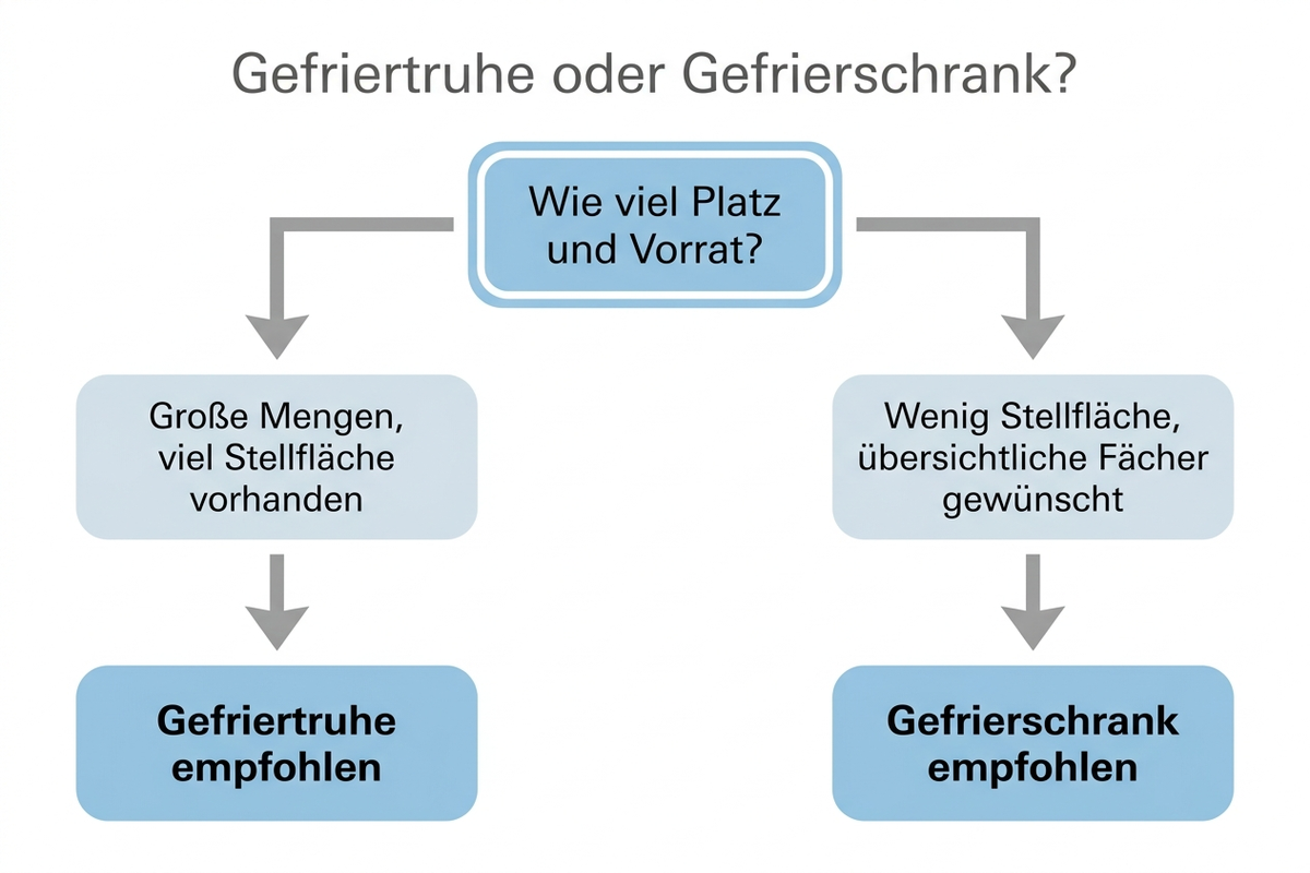 Entscheidungsbaum: Gefriertruhe oder Gefrierschrank je nach Platzangebot, Vorratsmenge und Budget, deutsche Beschriftung