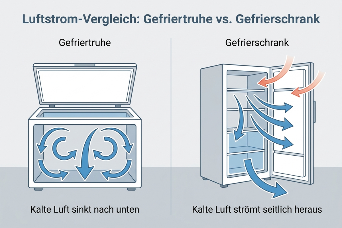Infografik: Luftströmung beim Öffnen von Gefriertruhe und Gefrierschrank im Vergleich, deutsche Beschriftung