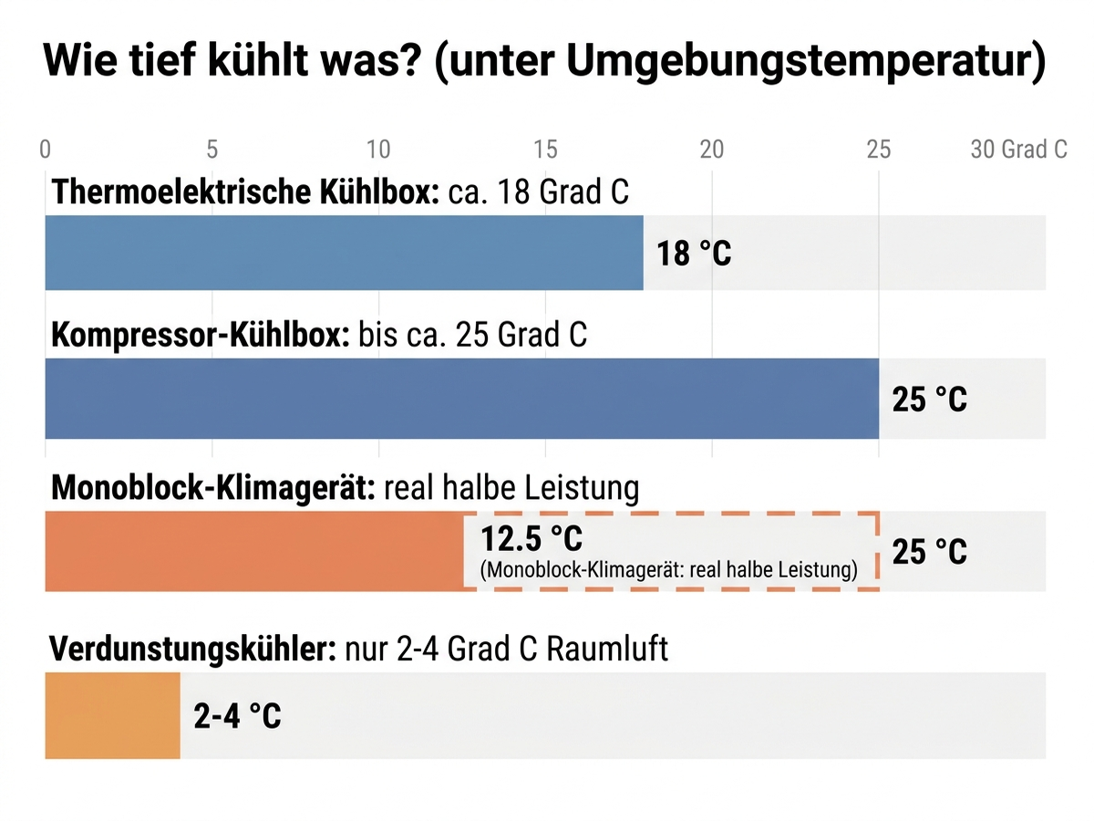 Balkendiagramm: Kühltiefe verschiedener Sommergeräte unter Umgebungstemperatur mit deutschen Beschriftungen