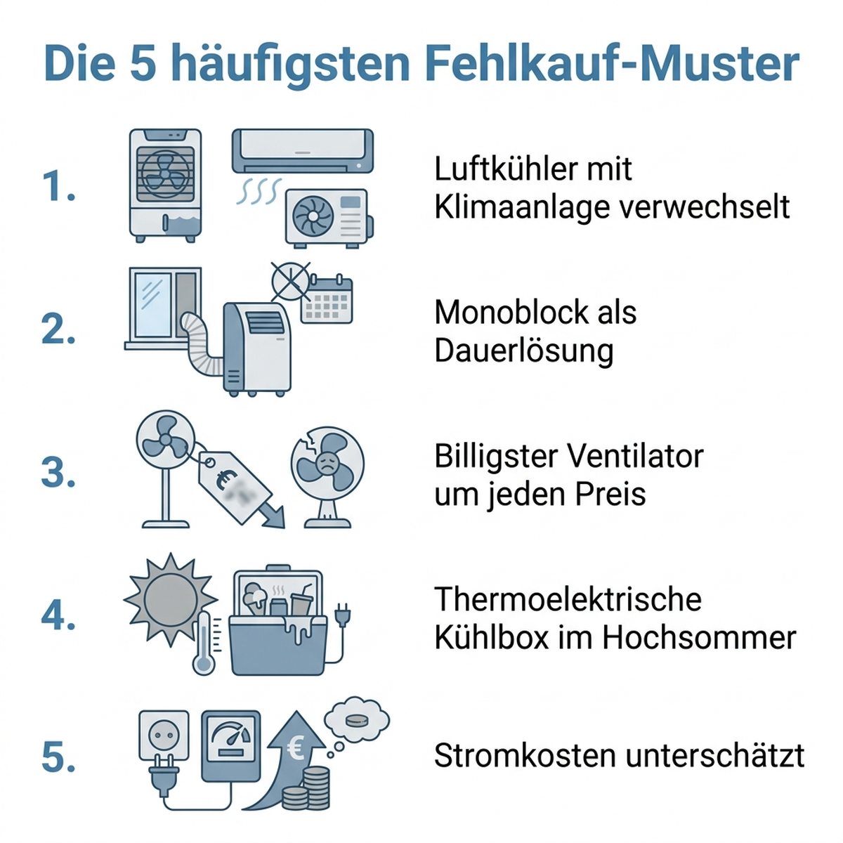 Infografik: Die fünf häufigsten Fehlkauf-Muster bei Sommergeräten mit deutschen Beschriftungen