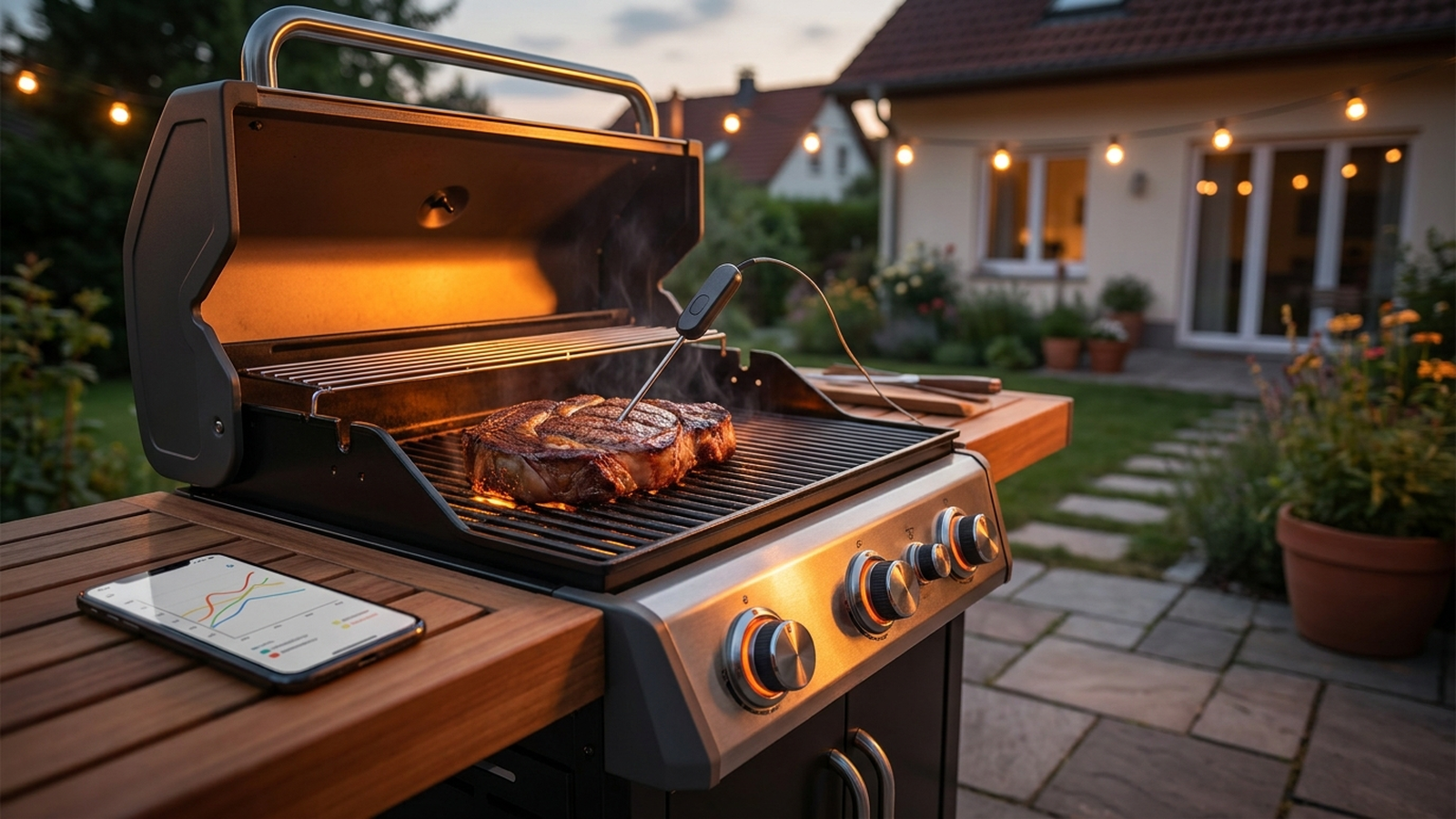 Kabelloses Bluetooth-Grillthermometer im Steak auf einem Gasgrill, Smartphone auf dem Beistelltisch
