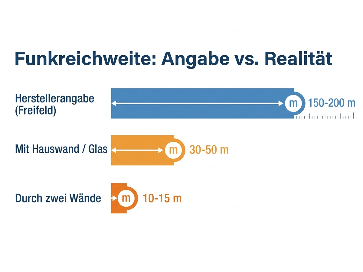 Vergleich der Funkreichweite: Herstellerangabe gegen reale Werte mit Hauswand und durch zwei Wände