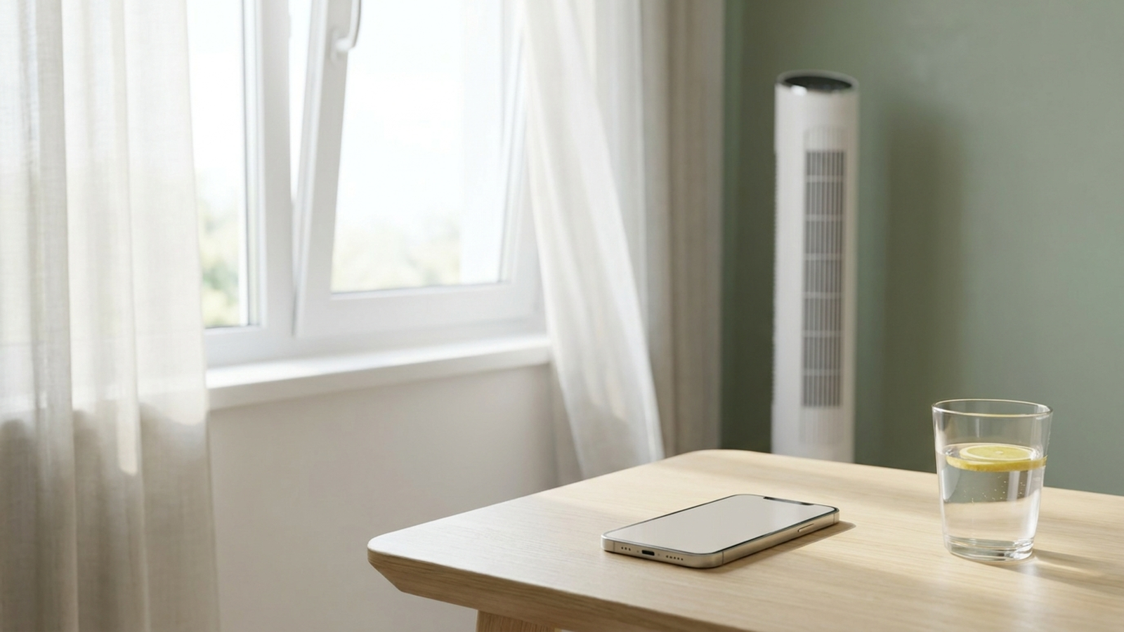 Helles europäisches Wohnzimmer im Hochsommer mit geöffnetem Fenster, einem Smartphone auf dem Tisch und einem Turmventilator im unscharfen Hintergrund