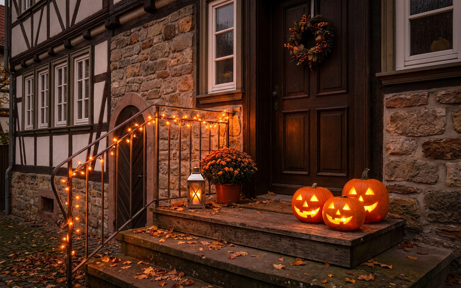 Herbstlich dekorierter Hauseingang mit beleuchteten Kürbissen am Abend