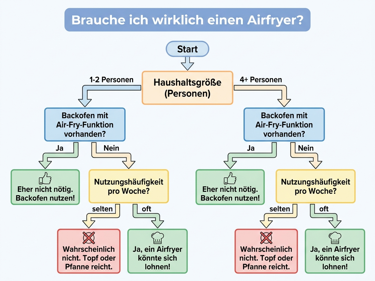 Entscheidungsbaum: Brauche ich wirklich einen Airfryer? Verzweigungen nach Haushaltsgröße, vorhandenem Air-Fry-Backofen und Nutzungshäufigkeit