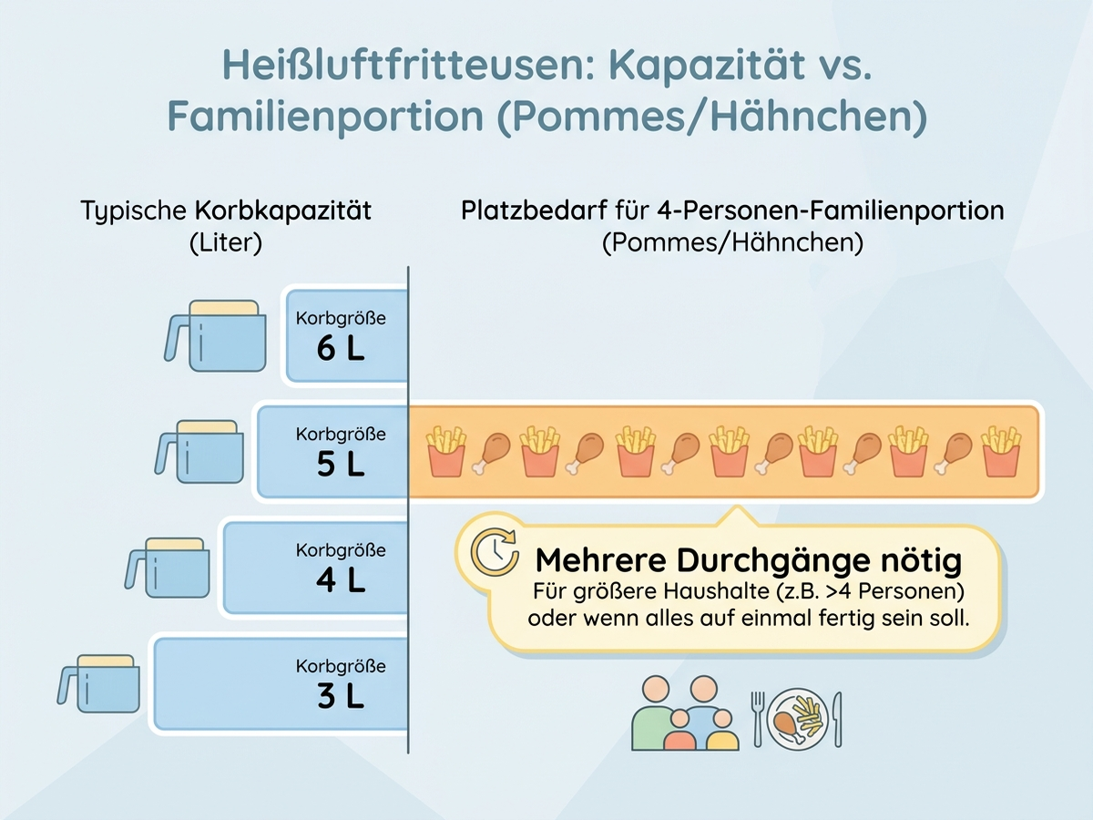 Infografik: Typische Korbkapazität von Heißluftfritteusen im Vergleich zum Platzbedarf einer 4-Personen-Familienportion, mit Hinweis auf mehrere nötige Durchgänge