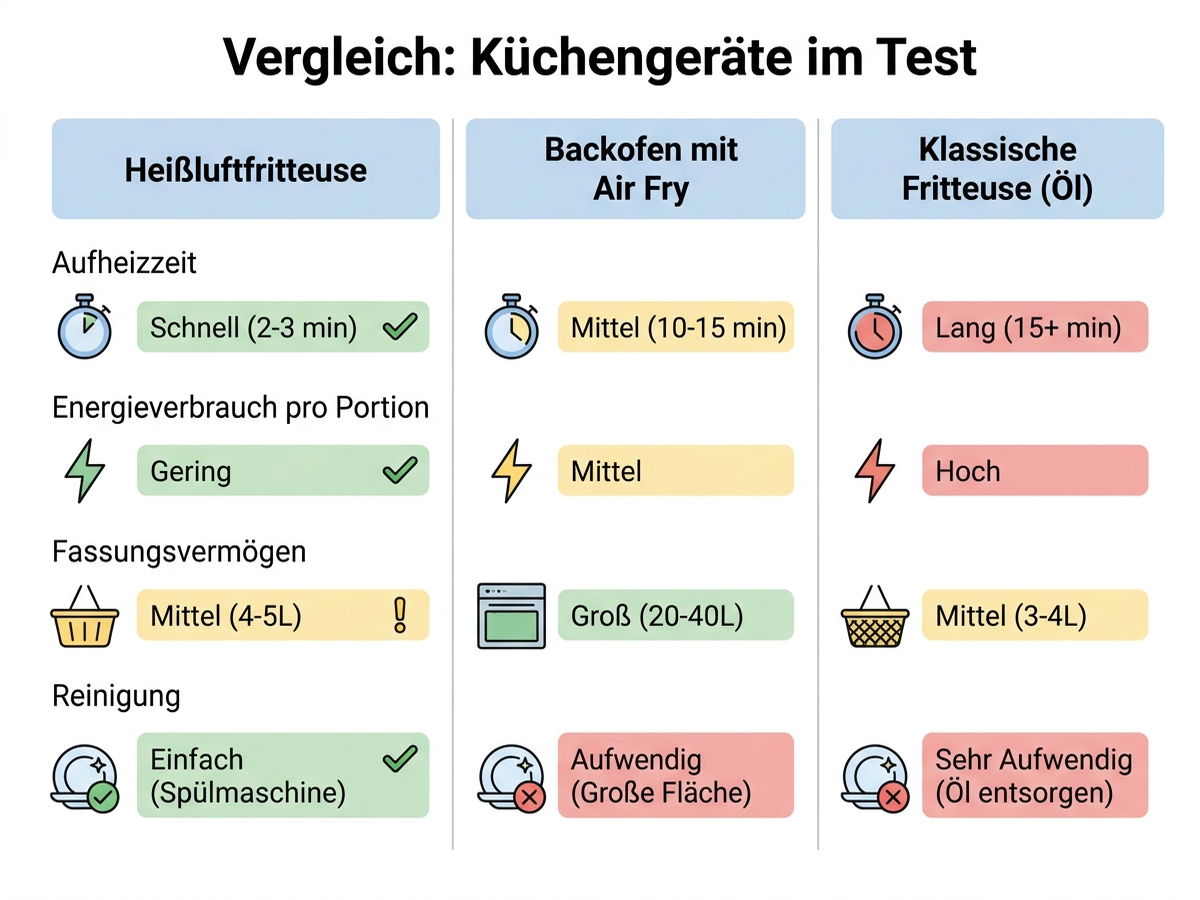 Infografik: Vergleich von Heißluftfritteuse, Backofen mit Air Fry und klassischer Fritteuse bei Aufheizzeit, Energieverbrauch, Fassungsvermögen und Reinigung