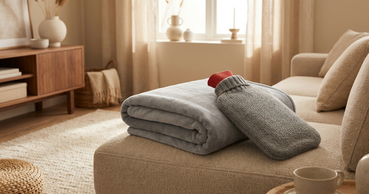 Heizdecke und Wärmflasche nebeneinander auf einem Sofa in einer europäisch anmutenden Wohnumgebung