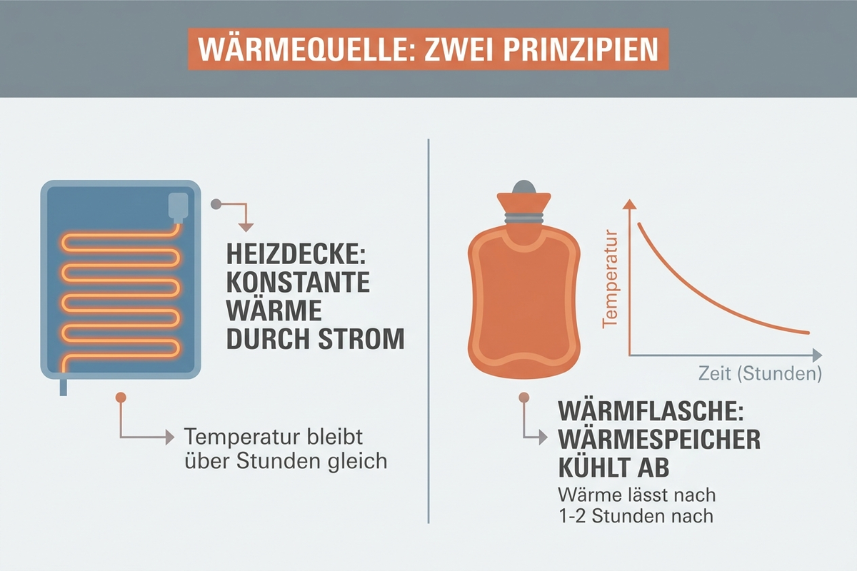 Infografik: Technologie-Vergleich zwischen elektrischer Heizdecke und Wärmflasche mit Wärmeverlauf über die Zeit, deutsche Beschriftung