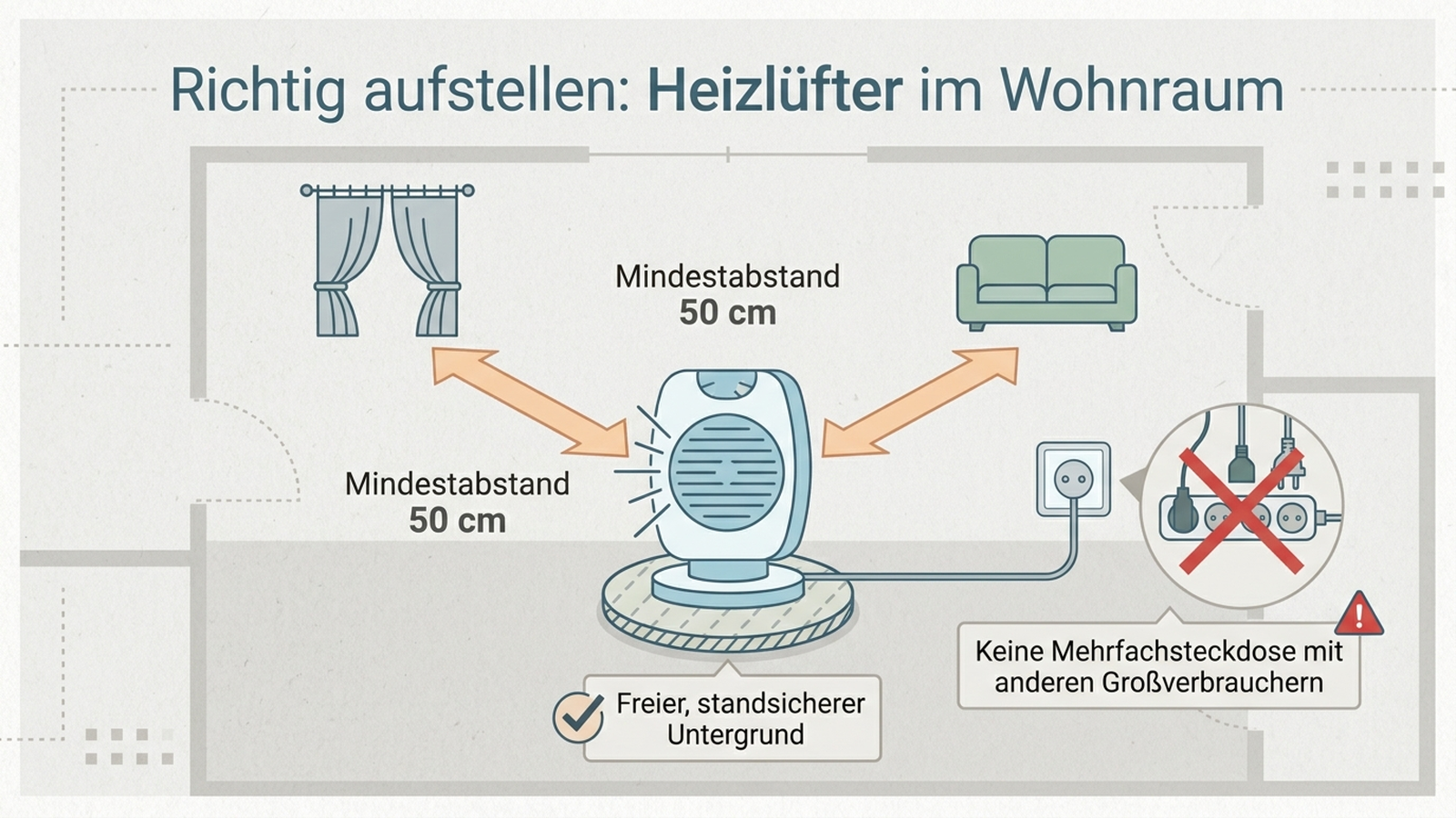 Aufstellregeln für Heizlüfter: Mindestabstand, freier Stand, Steckdose ohne Mehrfachverteiler