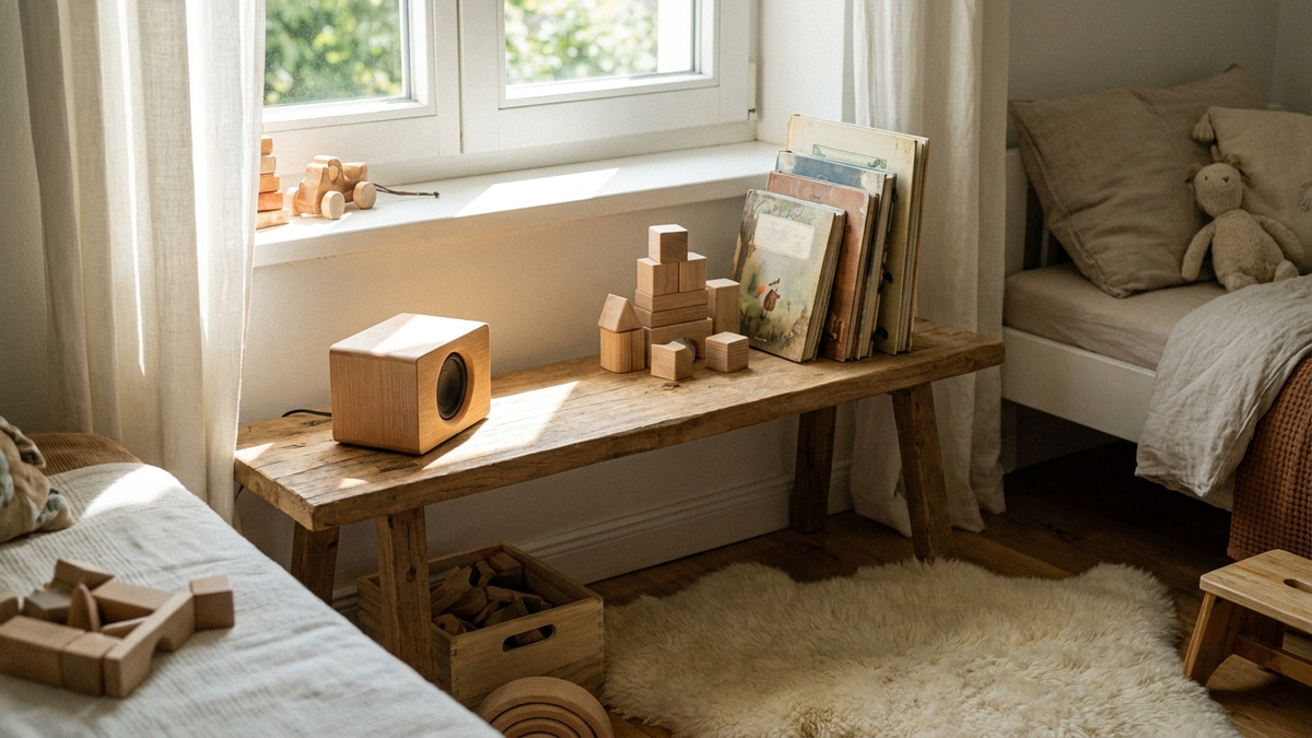Kinderzimmer mit einer neutralen Hörbuchbox auf einem Regal neben Bauklötzen und Bilderbüchern, warmes Tageslicht, keine Personen im Bild