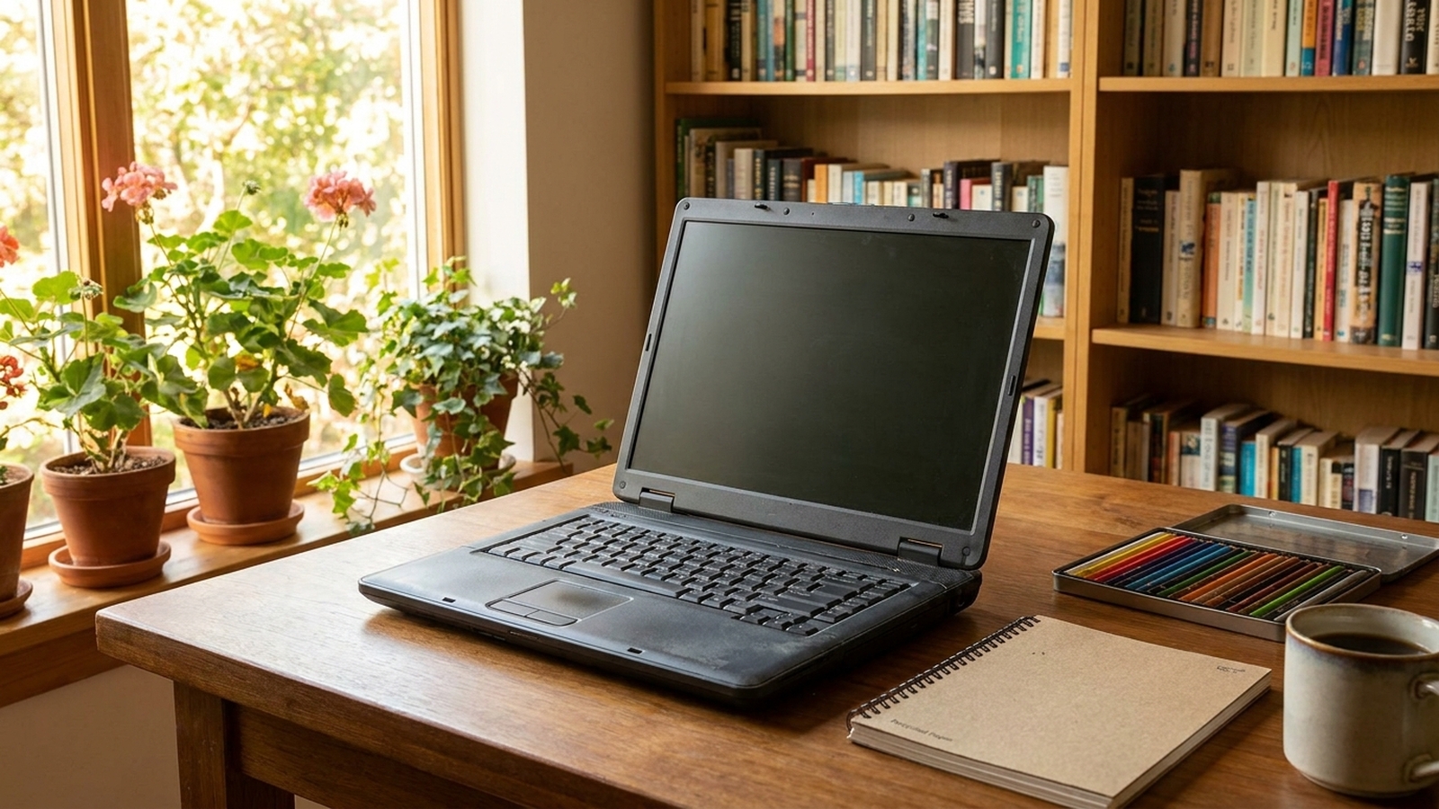 Aufgeklapptes Notebook auf einem aufgeräumten Schreibtisch neben Schulheft und Bleistiften