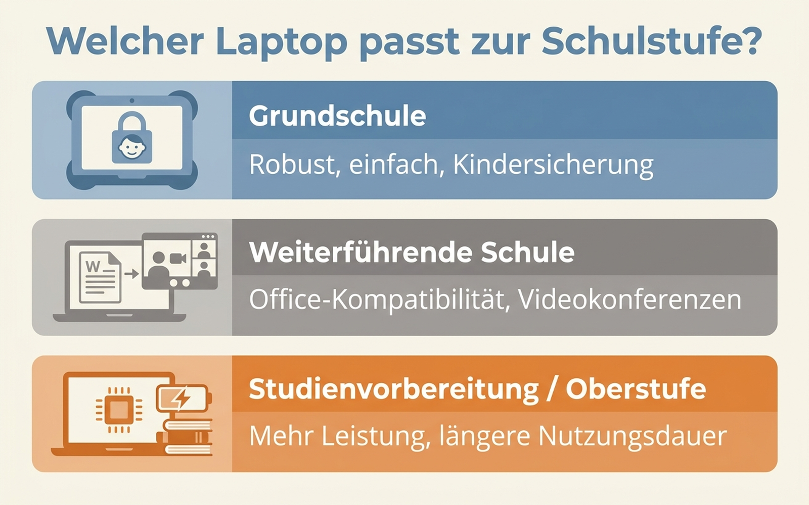 Infografik: Anforderungen an Schul-Laptops nach Schulstufe – Grundschule, weiterführende Schule, Studienvorbereitung