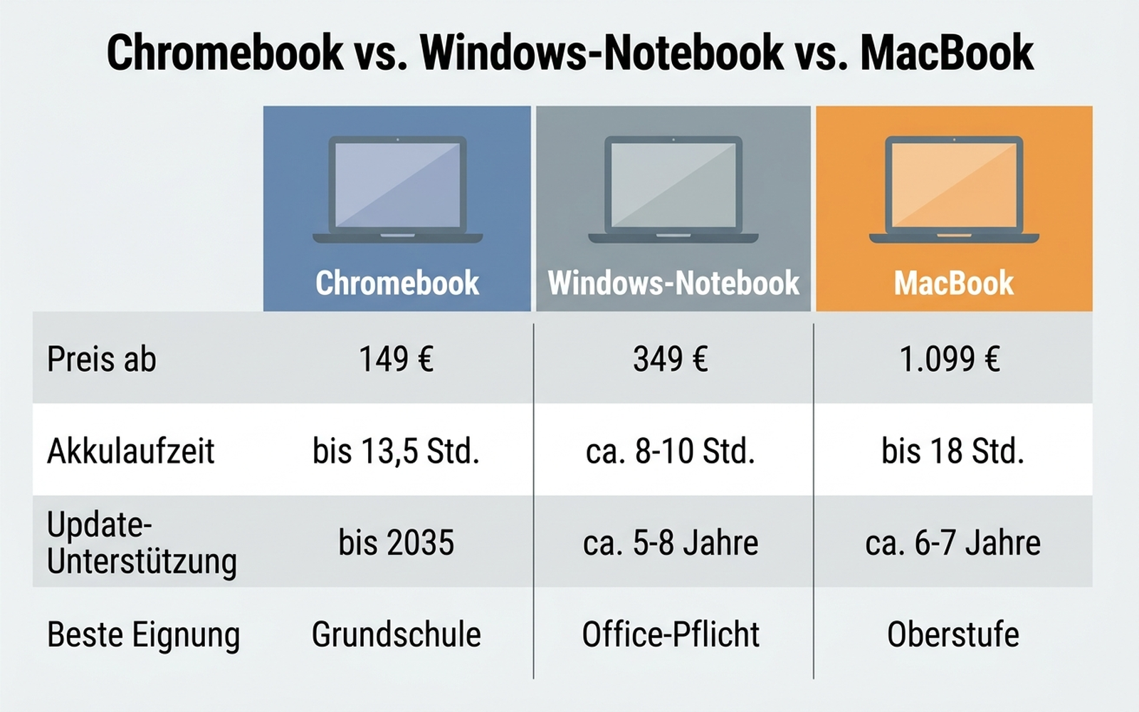 Vergleichsinfografik: Chromebook, Windows-Notebook und MacBook im Vergleich nach Preis, Akkulaufzeit, Update-Garantie und Eignung