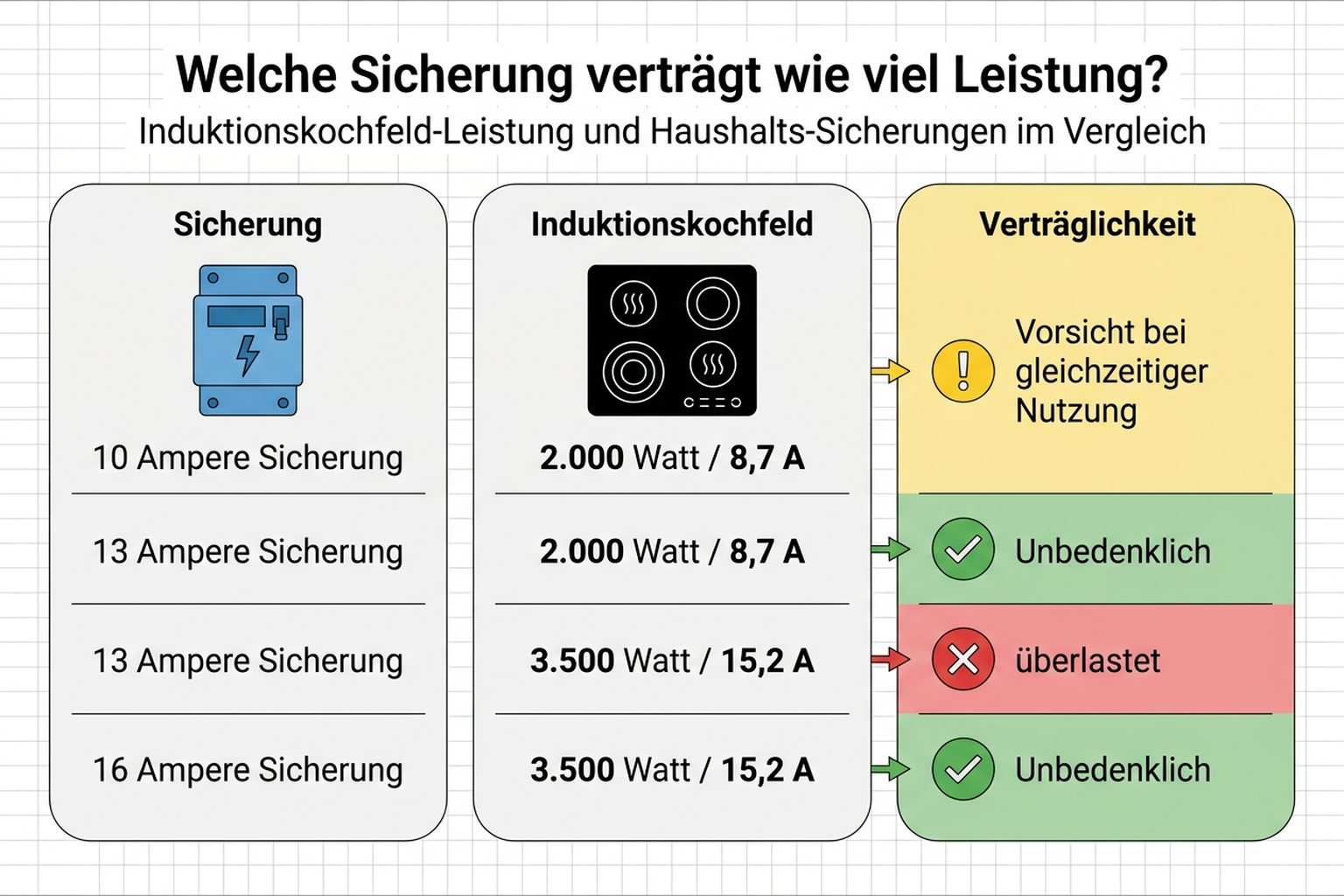 Diagramm: Welche Sicherung in der WG-Küche welche Induktionsleistung verträgt, mit Ampere- und Watt-Angaben, deutsche Beschriftung