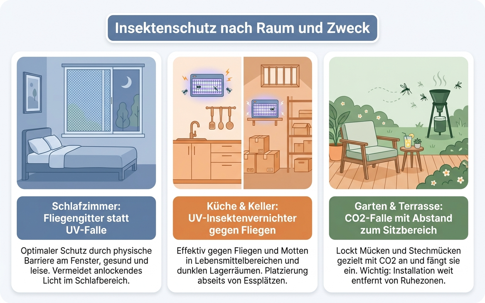Anwendungsdiagramm: Insektenschutz nach Raum und Zweck – Fliegengitter am Fenster, UV-Falle in Küche oder Keller, CO2-Falle im Garten