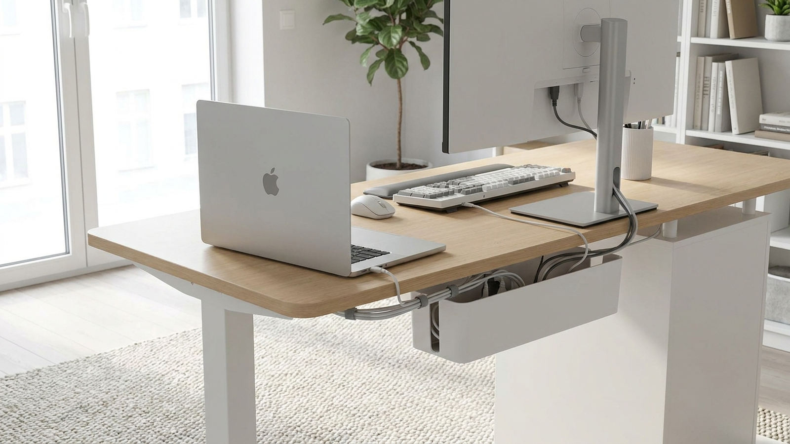 Aufgeräumter heller Schreibtisch mit Laptop, ohne sichtbare Kabel