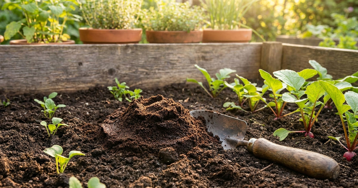Kaffeesatz wird in Gartenerde eingearbeitet