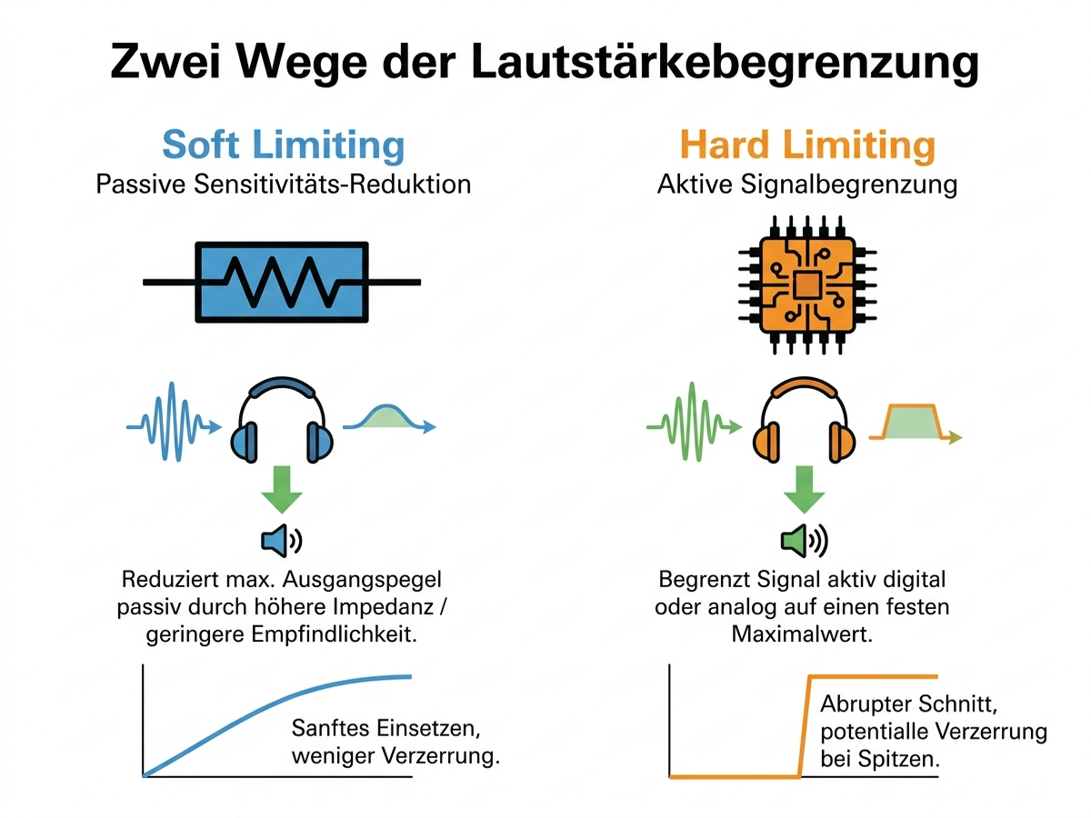 Infografik: Soft Limiting per passivem Widerstand im Vergleich zu Hard Limiting per aktivem Schaltkreis
