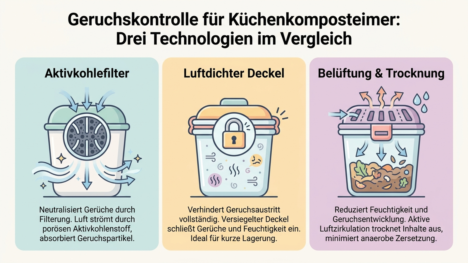 Infografik: Drei Geruchskontroll-Technologien im Vergleich – Aktivkohlefilter, luftdichter Deckel und Belüftung mit Trocknung