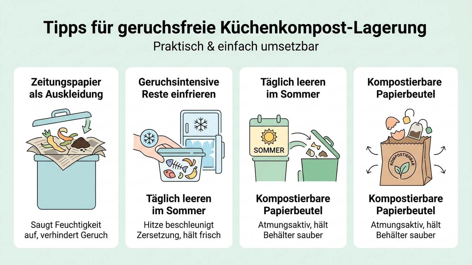 Infografik: Vier praktische Tipps gegen Geruch im Küchenkomposteimer – Zeitungspapier, Einfrieren, tägliches Leeren im Sommer, kompostierbare Papierbeutel