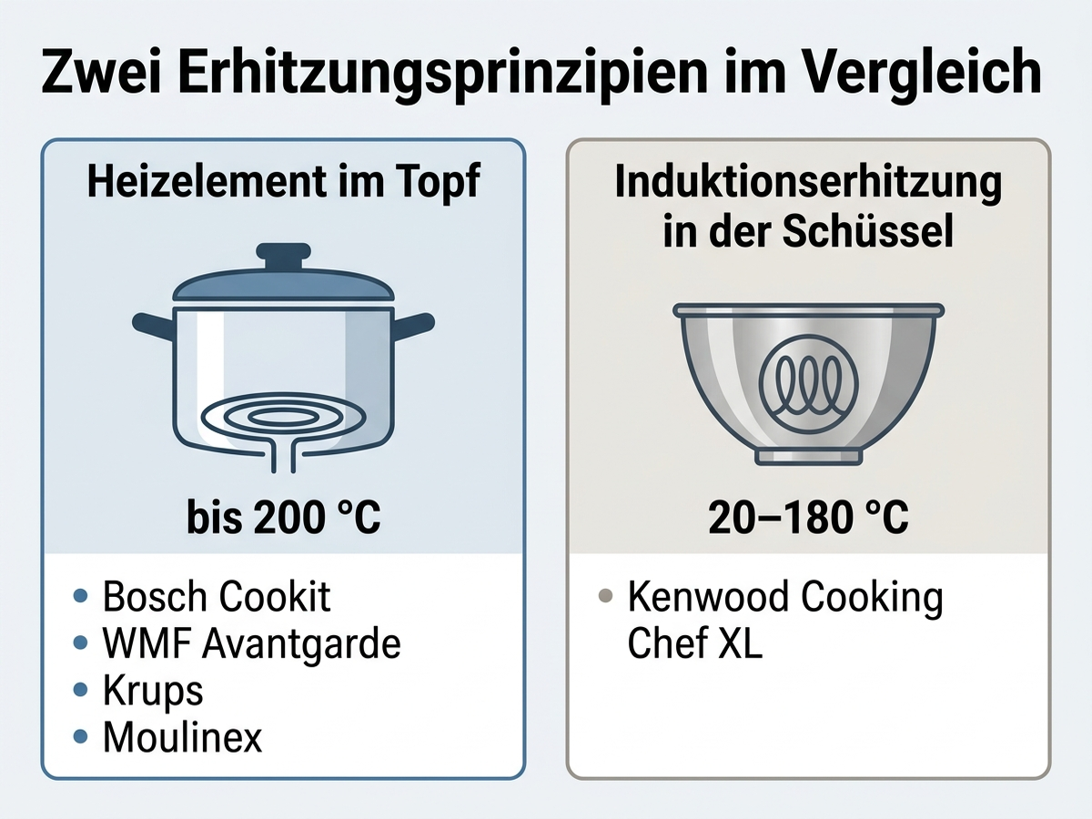 Infografik: Vergleich der zwei Erhitzungsprinzipien bei Küchenmaschinen mit Kochfunktion – Heizelement versus Induktion, mit Temperaturangaben, deutsche Beschriftung