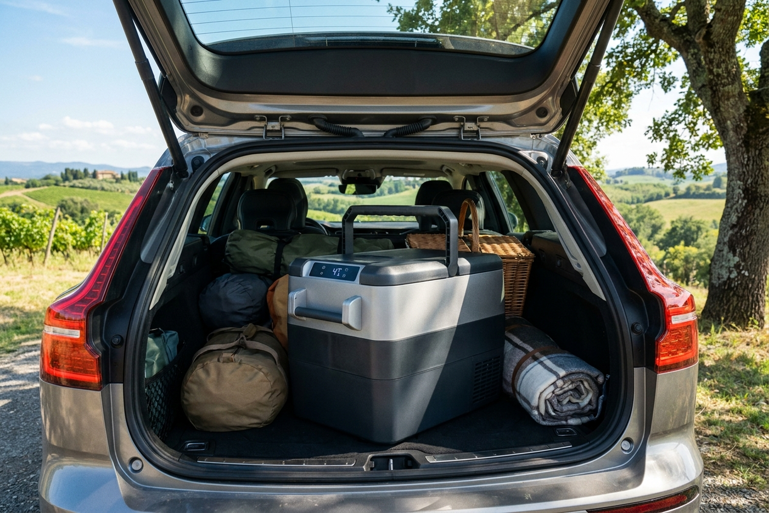 Portable Kühlbox im Kofferraum eines für die Sommerreise gepackten Autos