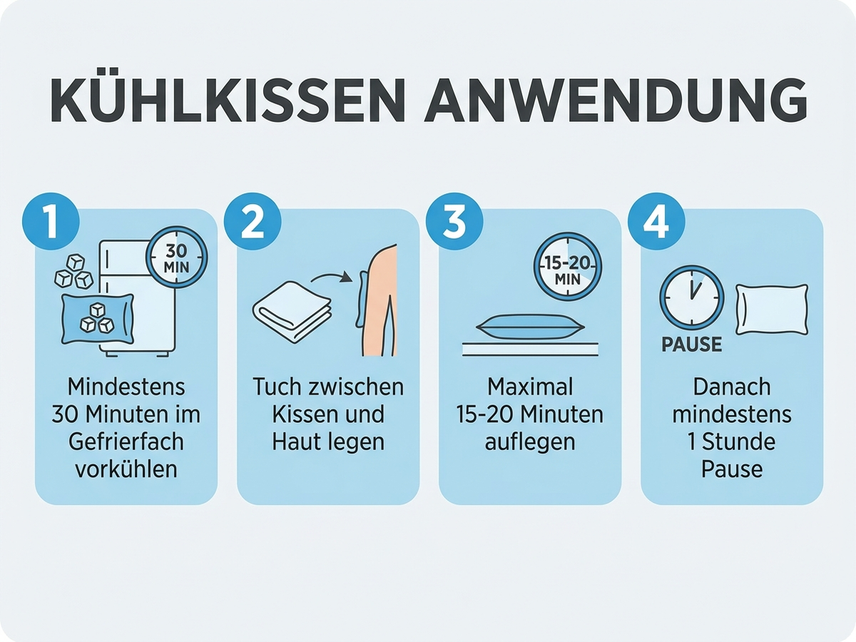 Anwendungsdiagramm: Vorbereitung, Schutztuch, maximale Auflagezeit und Pause bei Kühlkissen