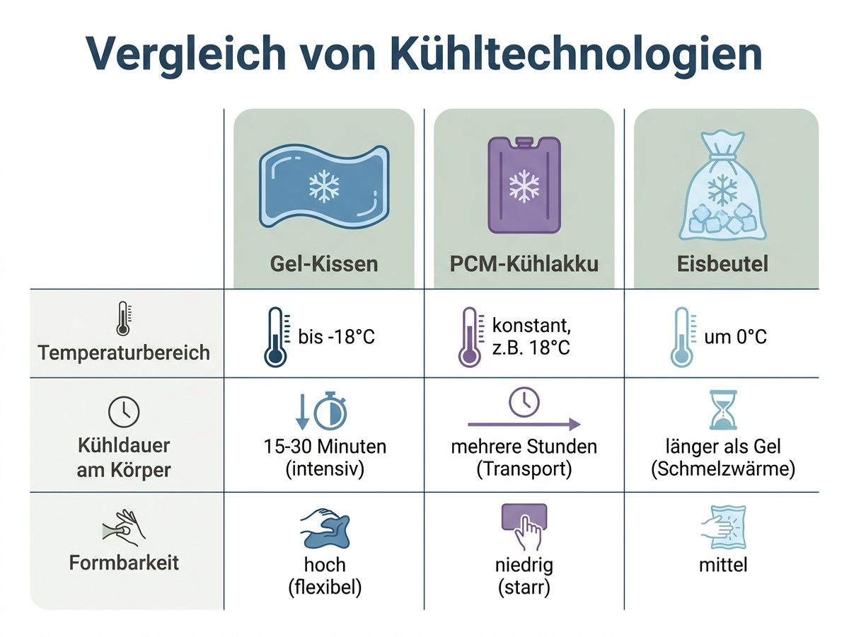 Infografik: Gel-Kissen, PCM-Kühlakku und Eisbeutel im Technik-Vergleich mit Temperaturbereich und Kühldauer
