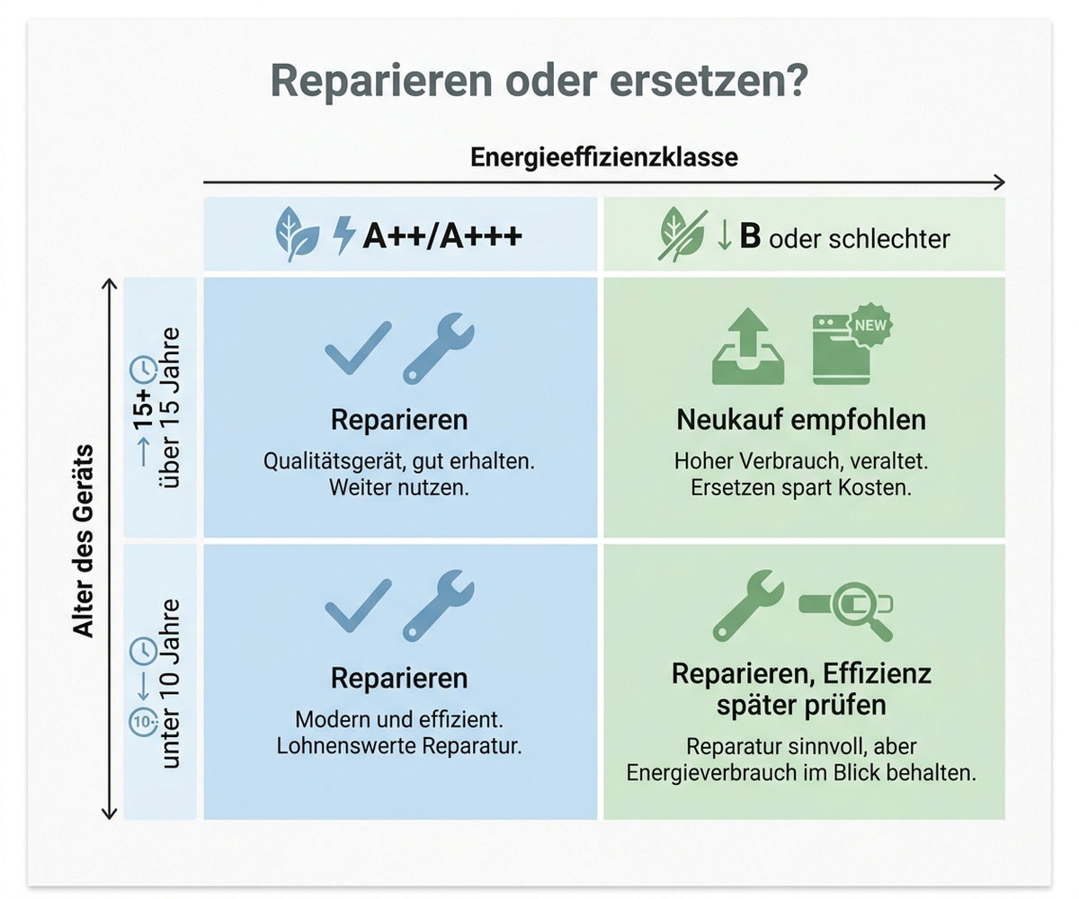 Matrix zur Entscheidung zwischen Reparatur und Neukauf nach Alter und Energieeffizienzklasse