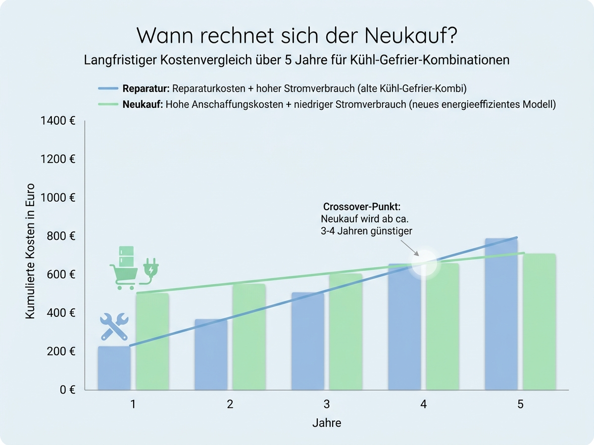 Diagramm zur Amortisation der Stromkosten bei einem neuen Kühlschrank im Vergleich zur Reparatur