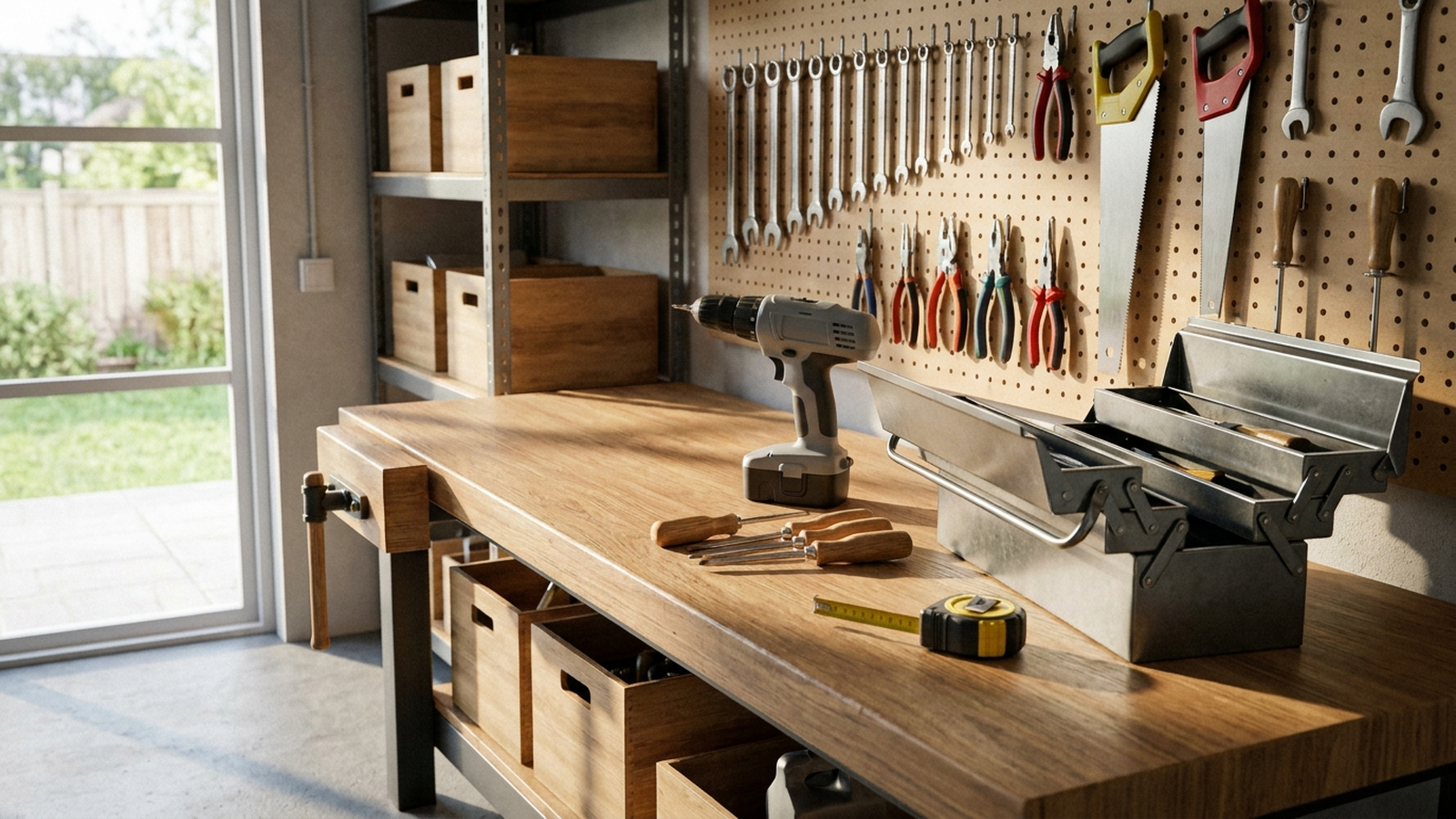 Werkbank mit verschiedenen Handwerkzeugen ordentlich aufgereiht, im Hintergrund eine helle Garage