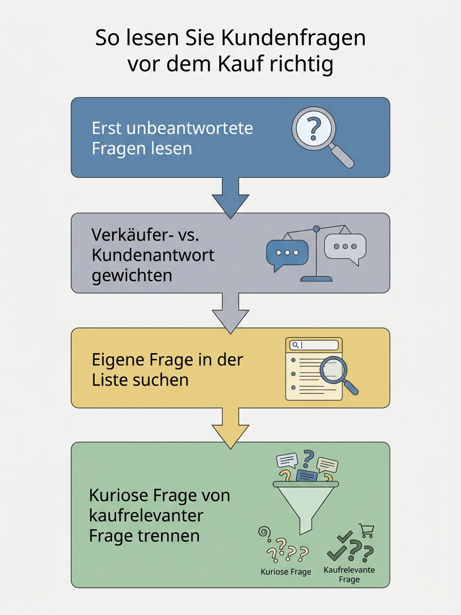 Entscheidungsbaum mit vier Schritten zur Einordnung von Kundenfragen zu Heimwerker-Produkten vor dem Kauf, deutsche Beschriftung