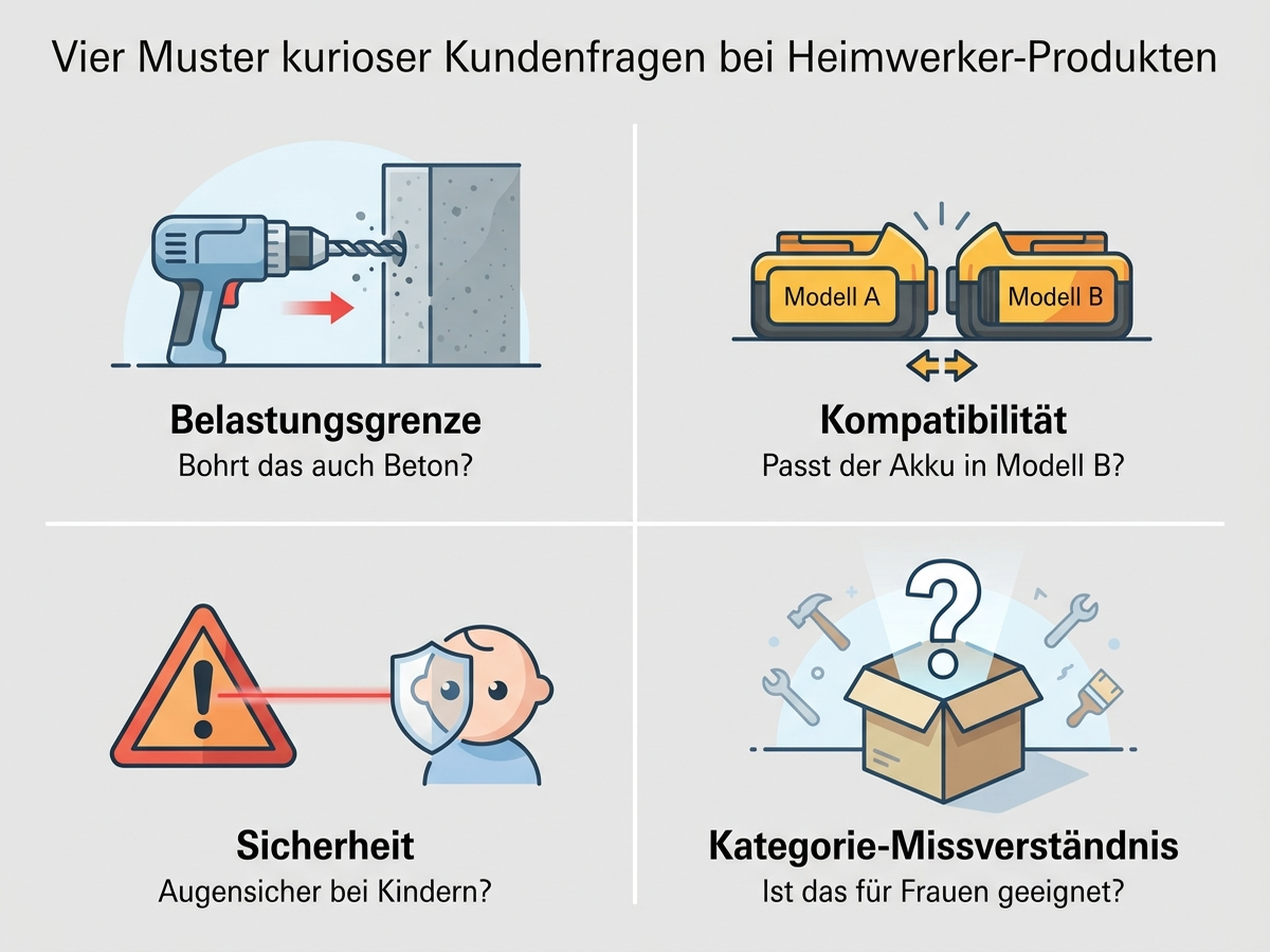 Infografik mit vier Kategorien kuriosen Kundenfragen zu Heimwerker-Produkten: Belastungsgrenze, Kompatibilität, Sicherheitsfrage, Kategorie-Missverständnis, deutsche Beschriftung