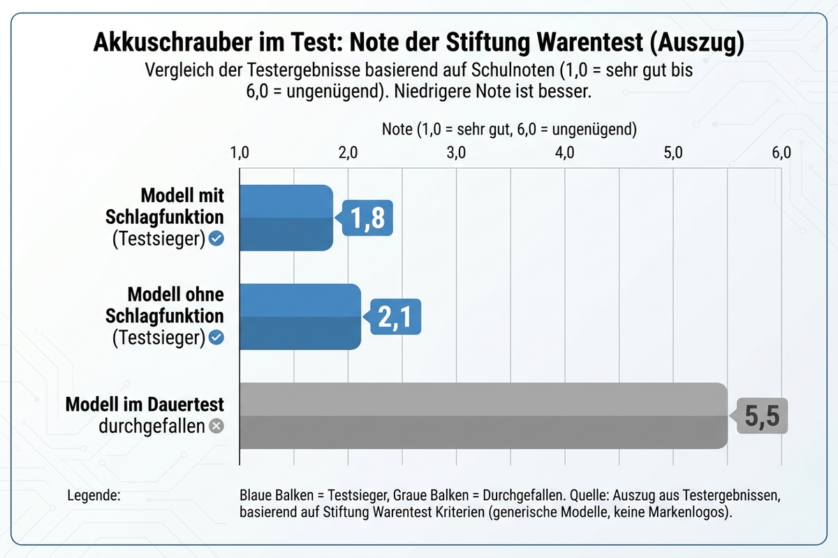 Balkendiagramm mit Stiftung-Warentest-Noten für Akkuschrauber mit und ohne Schlagfunktion sowie ein im Dauertest durchgefallenes Modell, deutsche Beschriftung