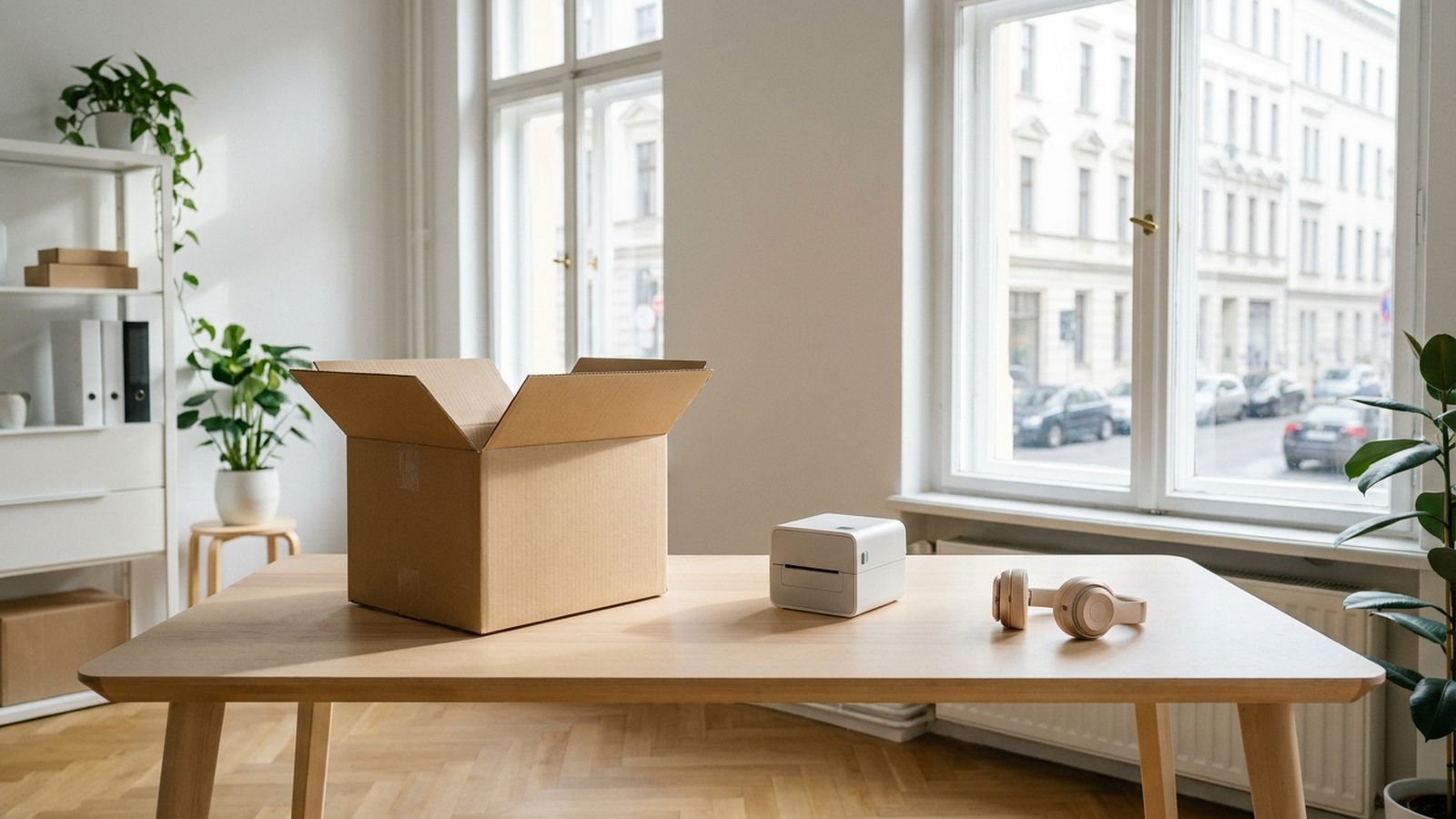 Aufgeräumter Retouren-Arbeitsplatz mit Versandkarton, Laptop und Etikettendrucker in einem hellen Lager