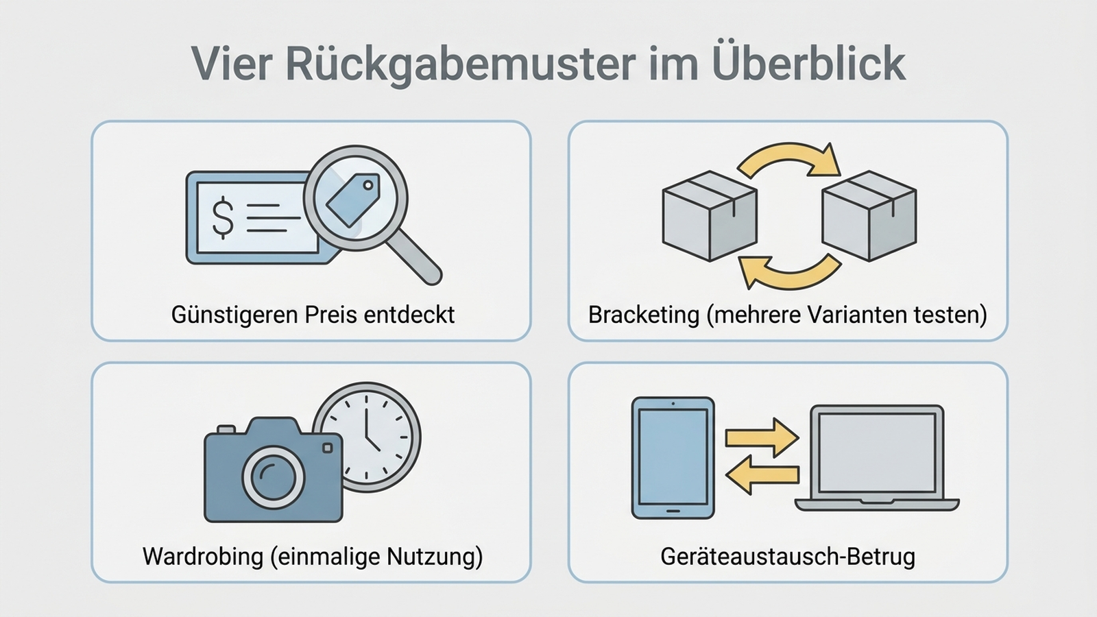 Infografik mit vier Icons für Rückgabemuster: Bracketing, Wardrobing, Geräteaustausch, günstigerer Preis gefunden, mit deutscher Beschriftung